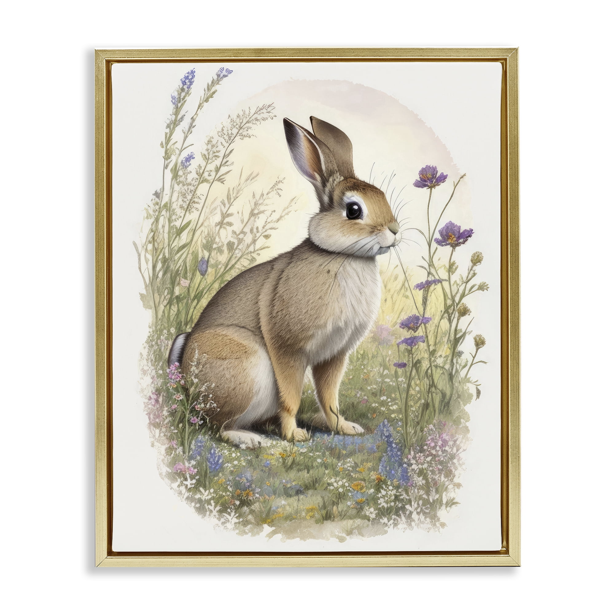 Stupell Industries Rabbit with Meadow Blooms Animals & Insects Painting Gold Floater Framed Canvas Art Print Wall Art, 17 x 21