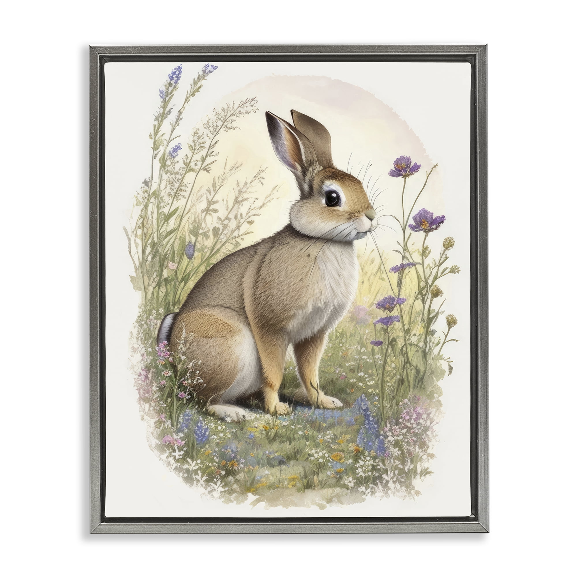 Stupell Industries Rabbit with Meadow Blooms Animals & Insects Painting Gray Floater Framed Canvas Art Print Wall Art, 25 x 31