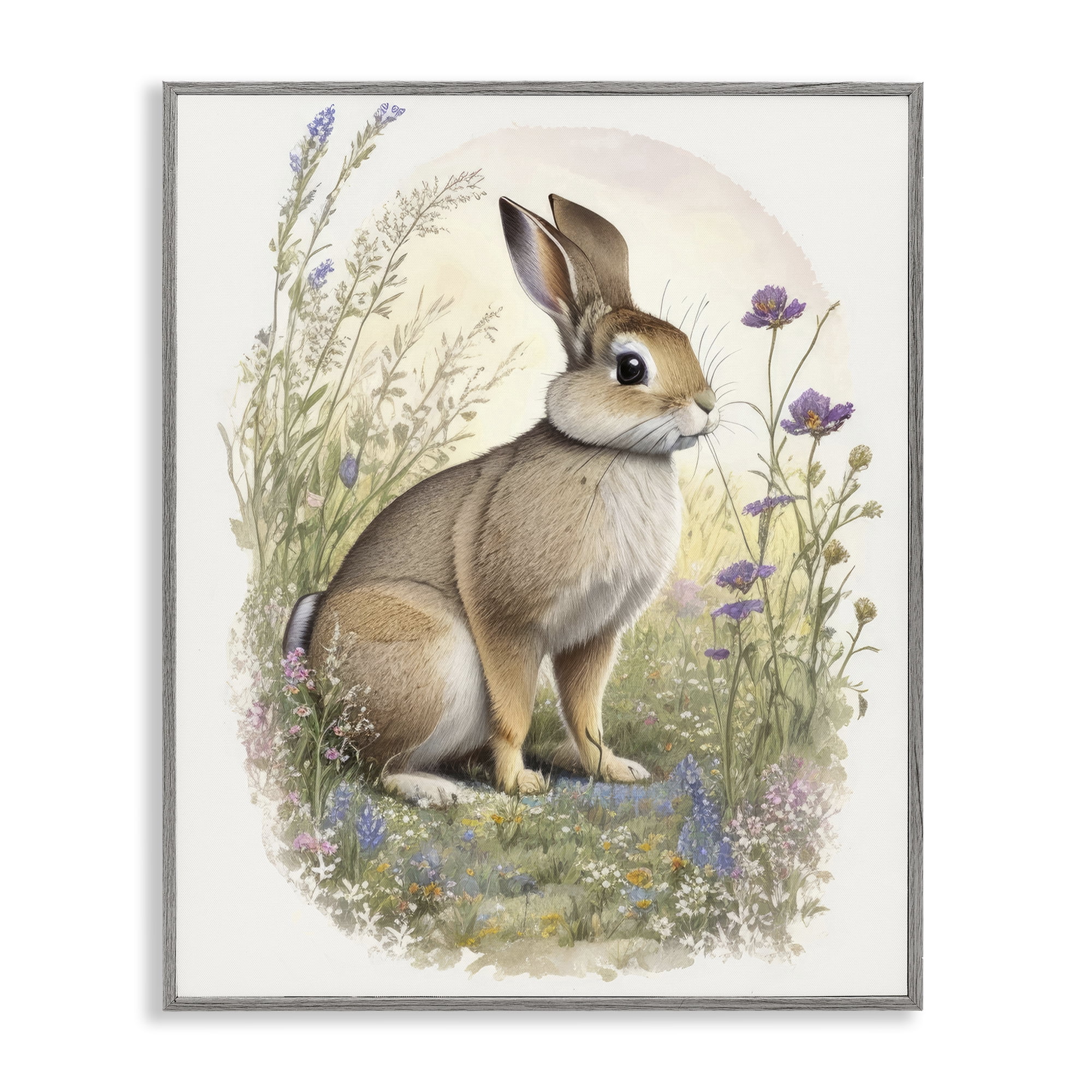 Stupell Industries Rabbit with Meadow Blooms Animals & Insects Painting Gray Framed Art Print Wall Art, 24 x 30