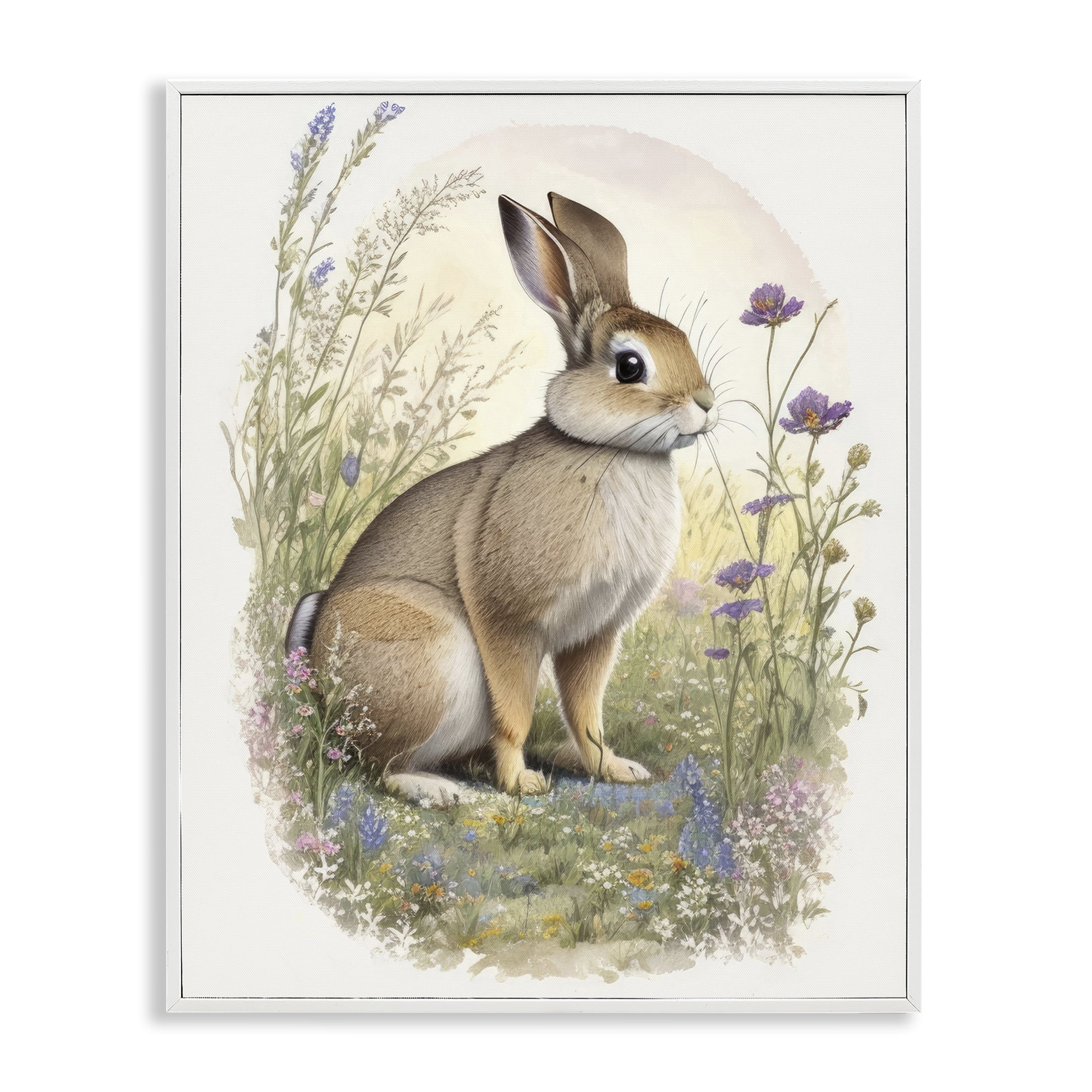 Stupell Industries Rabbit with Meadow Blooms Animals & Insects Painting White Framed Art Print Wall Art, 11 x 14