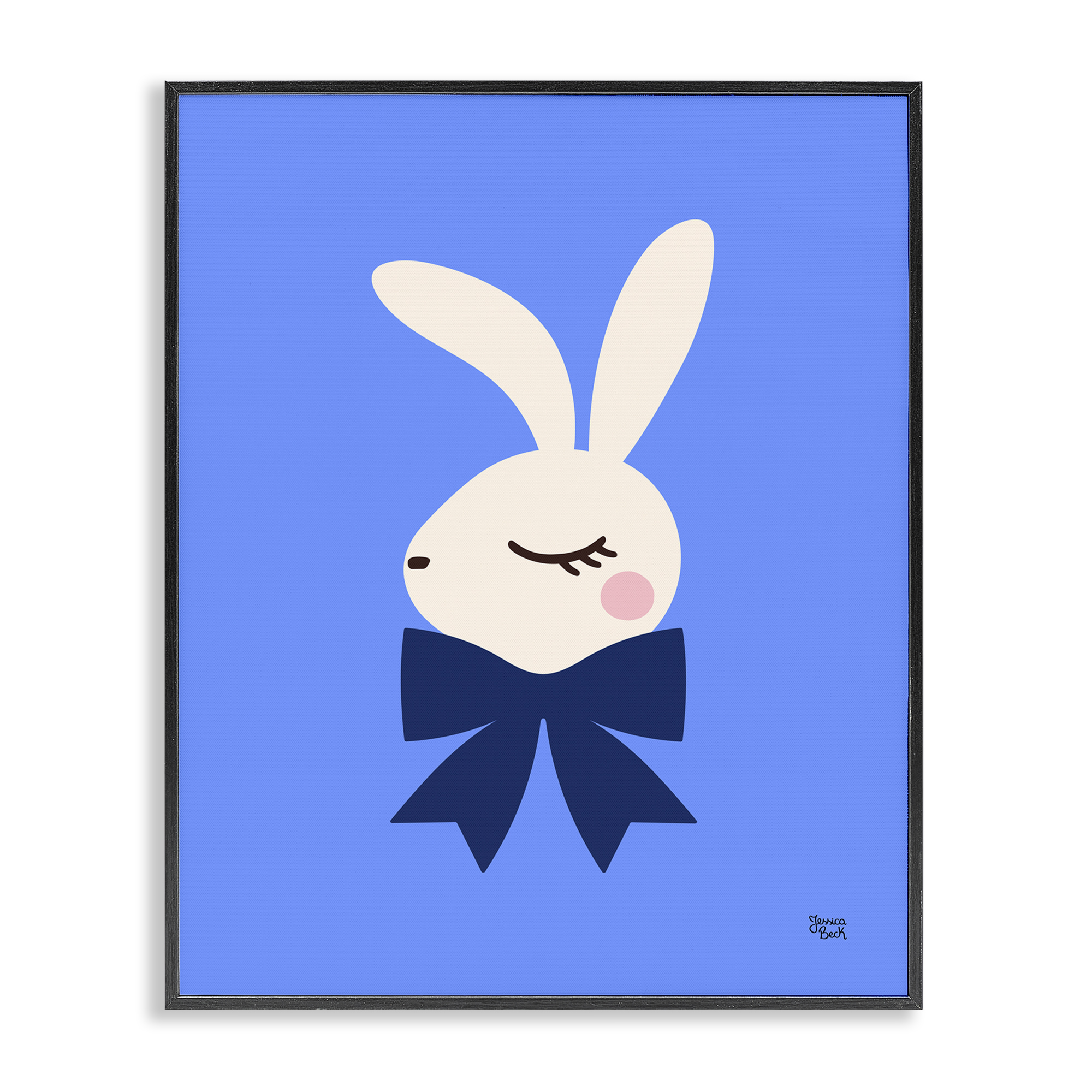 Stupell Industries Rabbit with Ribbon on Blue Animals Painting Black Framed Art Print Wall Art, 16 x 20