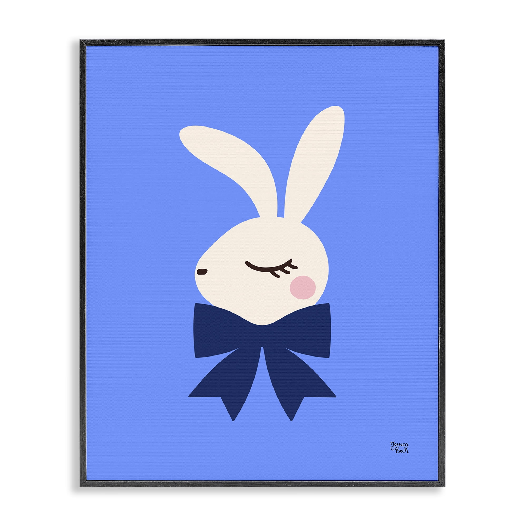 Stupell Industries Rabbit with Ribbon on Blue Animals Painting Black Framed Art Print Wall Art, 24 x 30