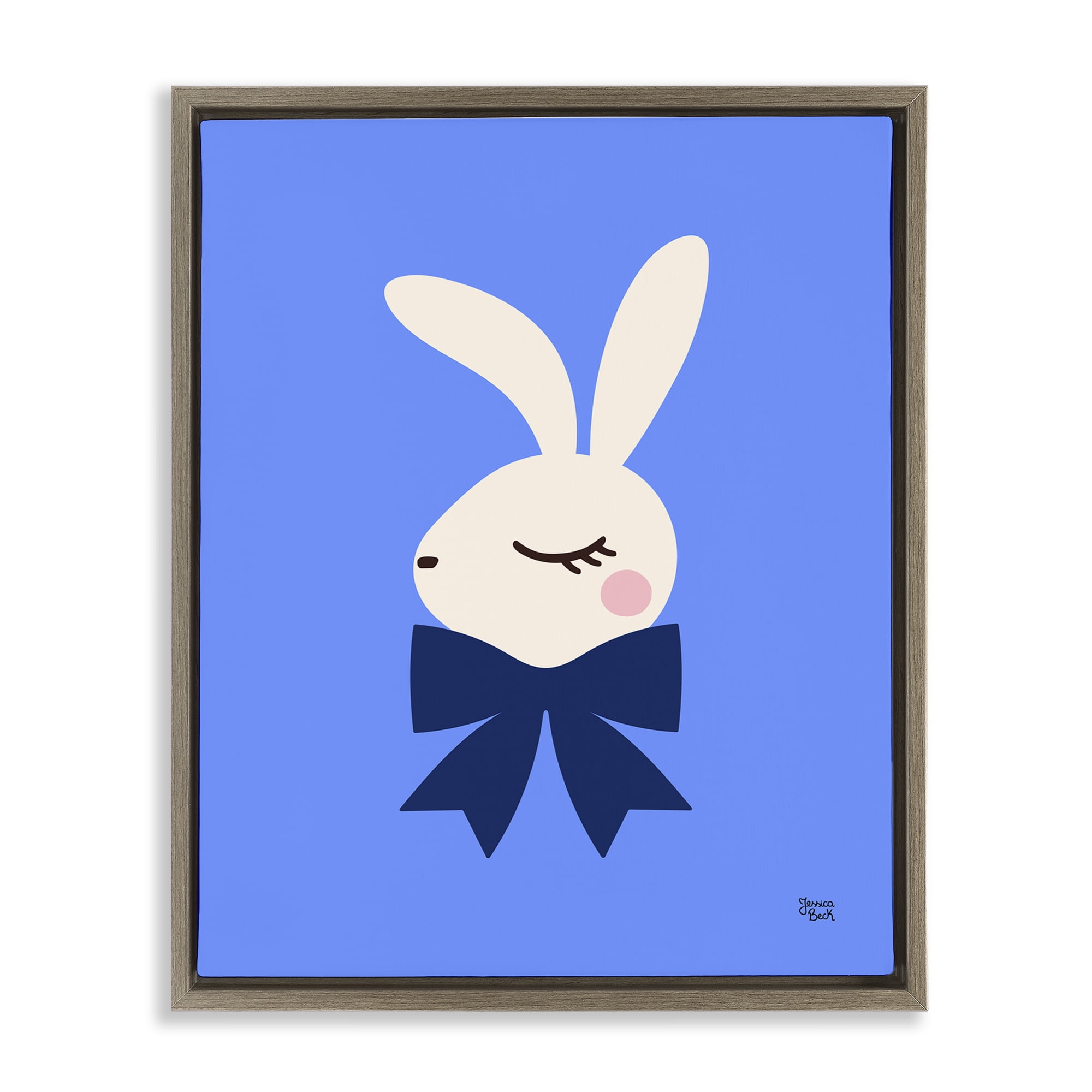 Stupell Industries Rabbit with Ribbon on Blue Animals Painting Brown Floater Framed Canvas Art Print Wall Art, 25 x 31