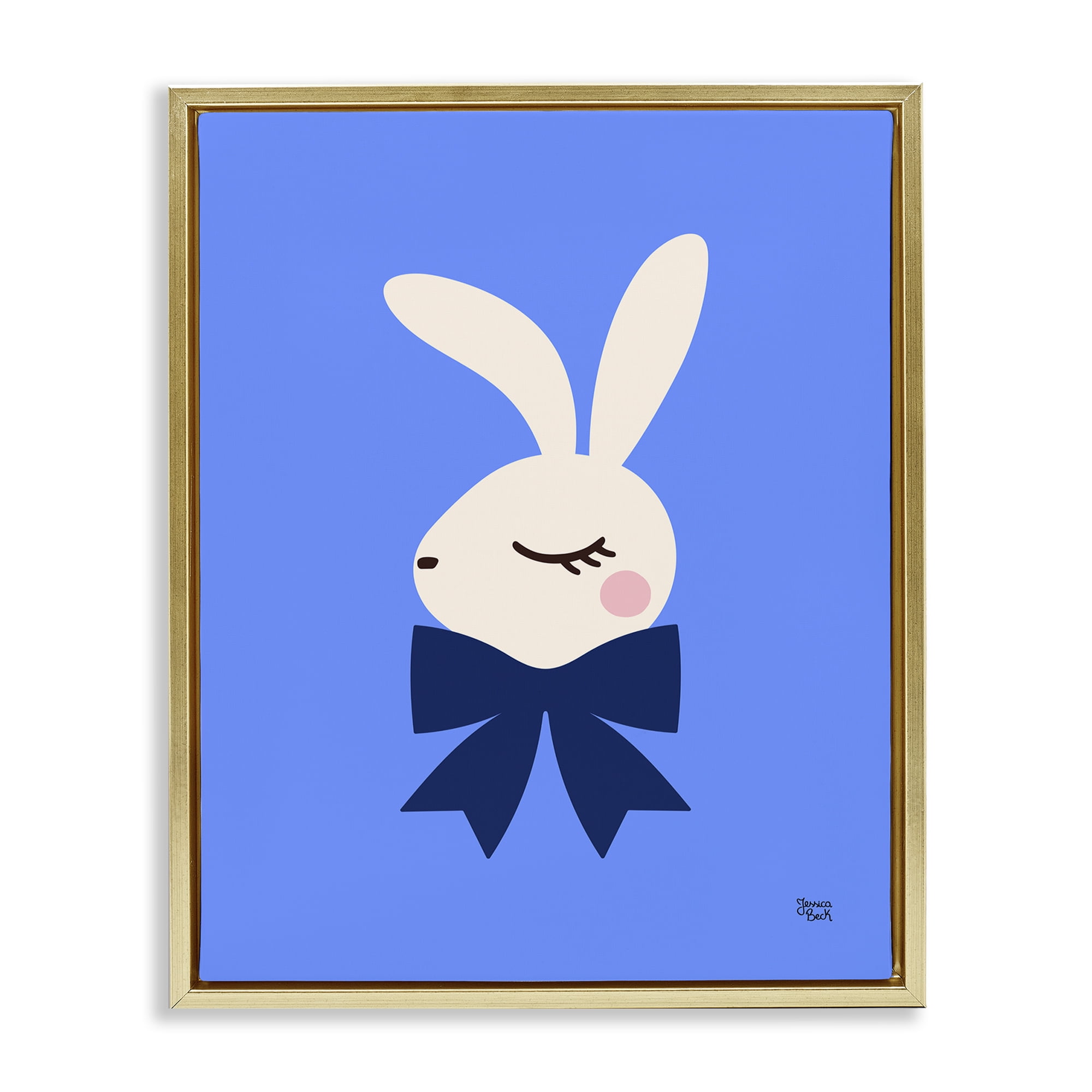 Stupell Industries Rabbit with Ribbon on Blue Animals Painting Gold Floater Framed Canvas Art Print Wall Art, 25 x 31