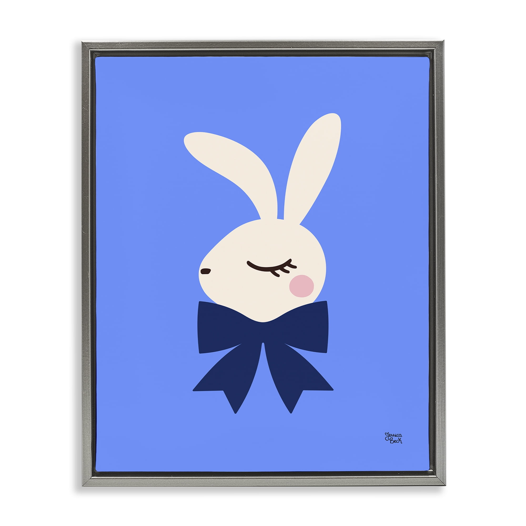 Stupell Industries Rabbit with Ribbon on Blue Animals Painting Gray Floater Framed Canvas Art Print Wall Art, 17 x 21