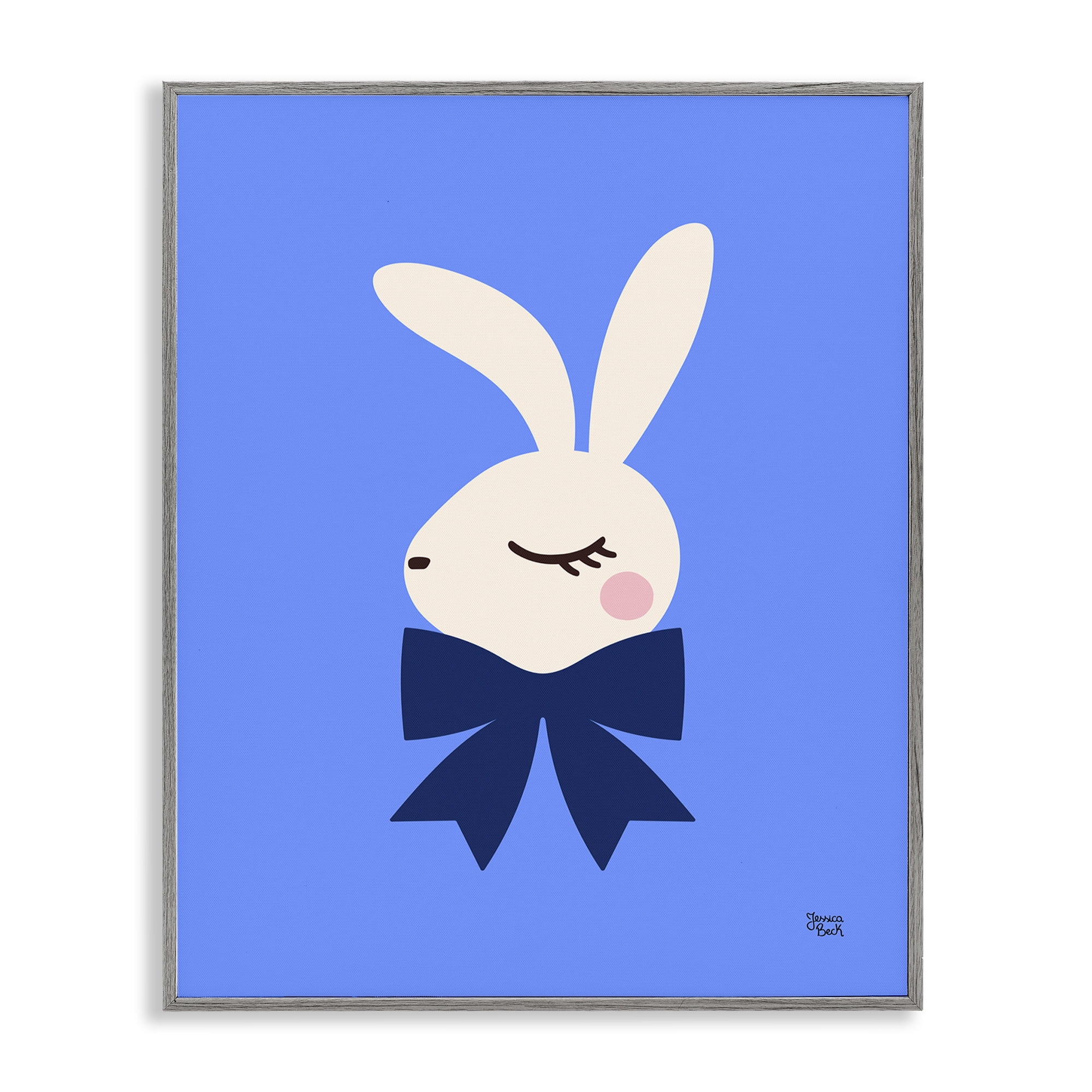 Stupell Industries Rabbit with Ribbon on Blue Animals Painting Gray Framed Art Print Wall Art, 24 x 30
