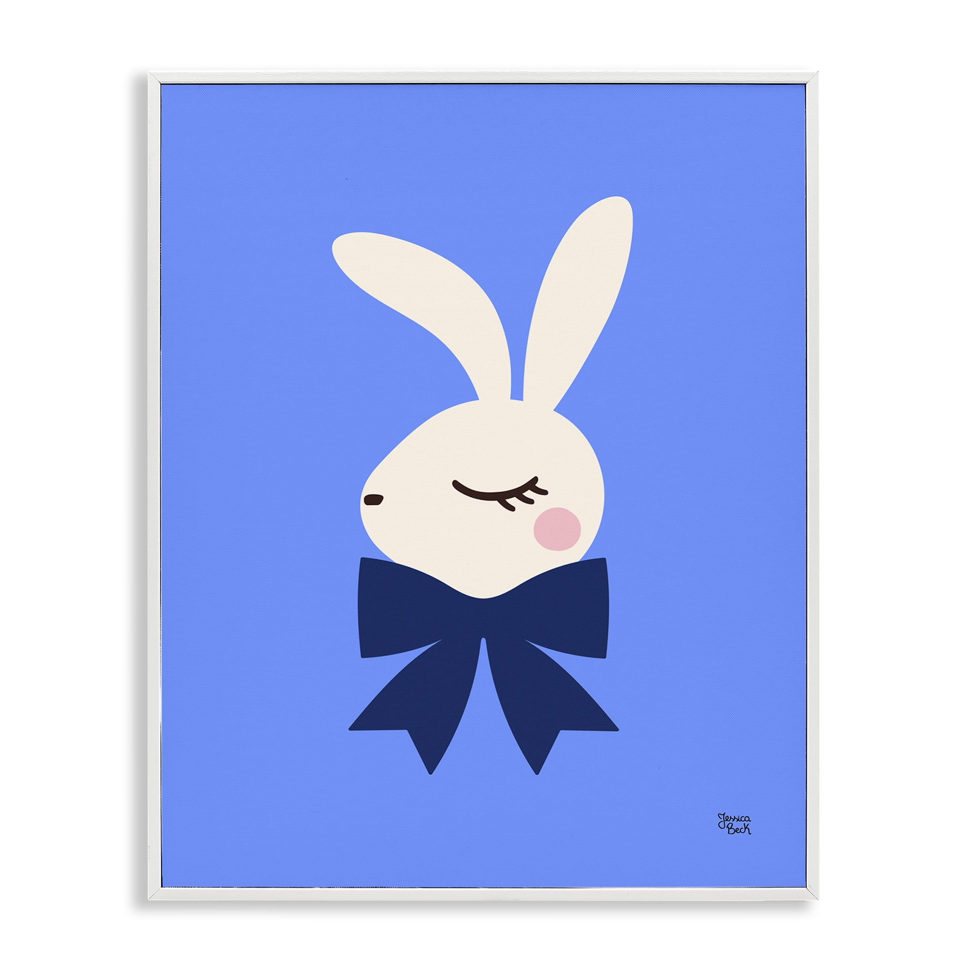Stupell Industries Rabbit with Ribbon on Blue Animals Painting White Framed Art Print Wall Art, 16 x 20