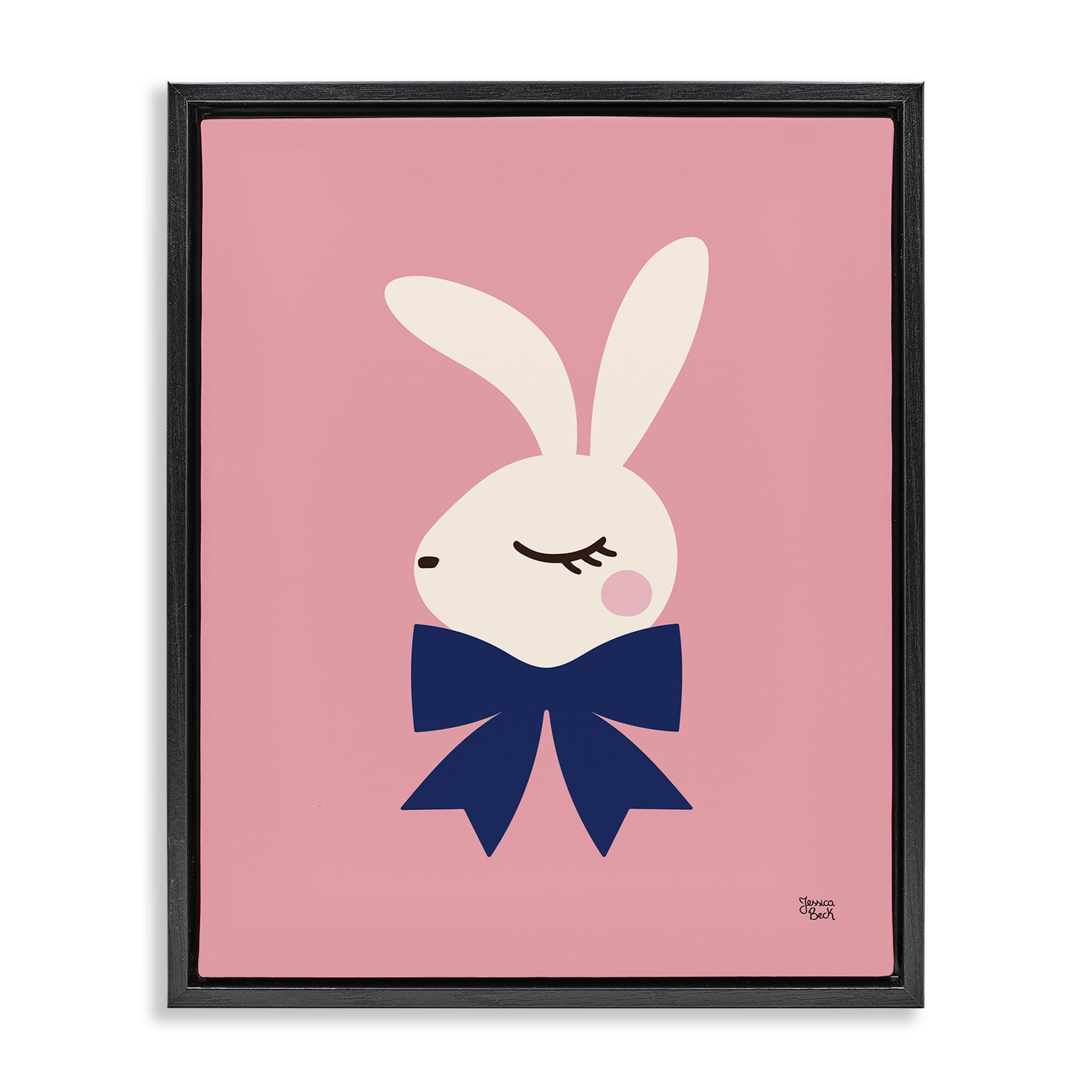 Stupell Industries Rabbit with Ribbon on Pink Animals Painting Black Floater Framed Canvas Art Print Wall Art, 17 x 21