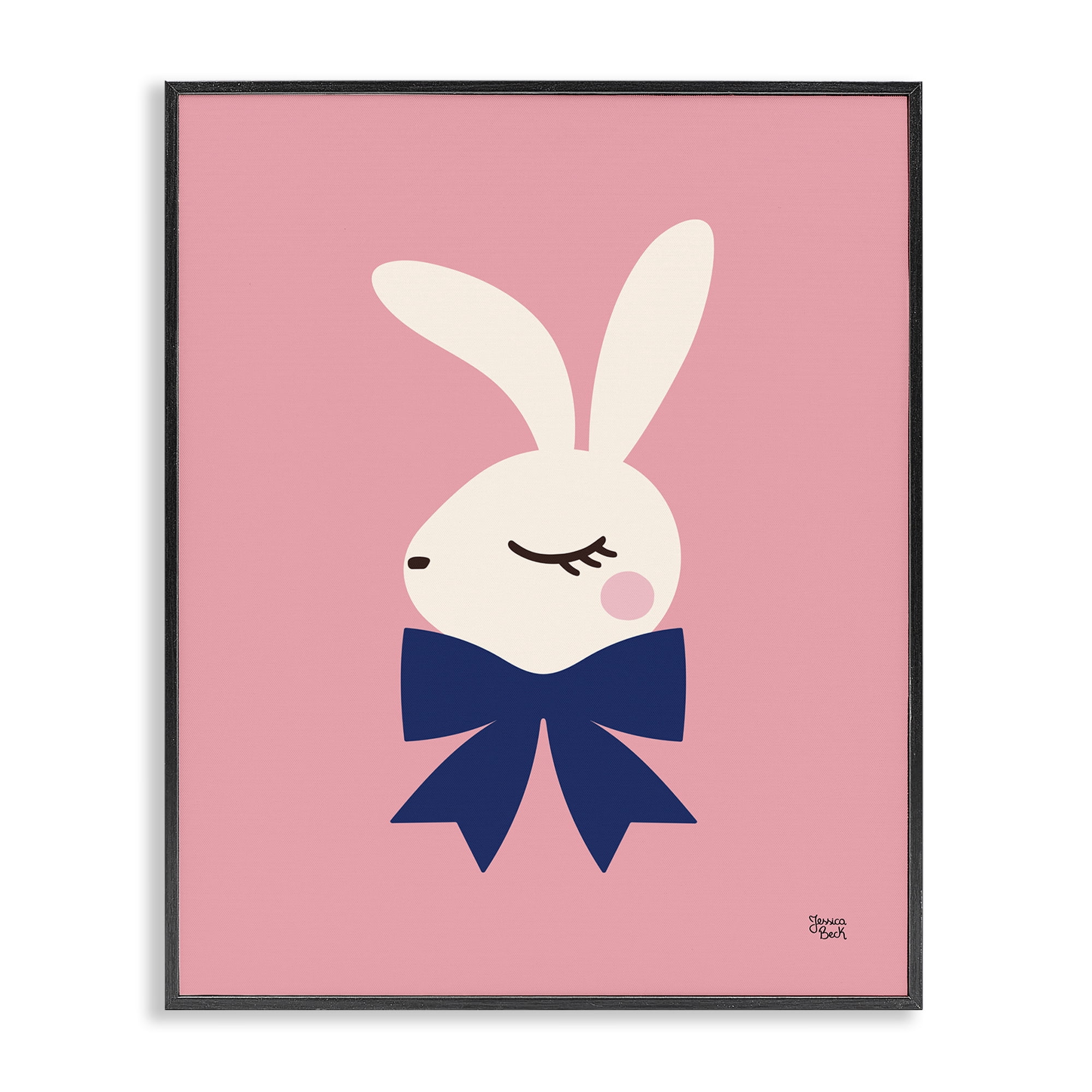 Stupell Industries Rabbit with Ribbon on Pink Animals Painting Black Framed Art Print Wall Art, 16 x 20