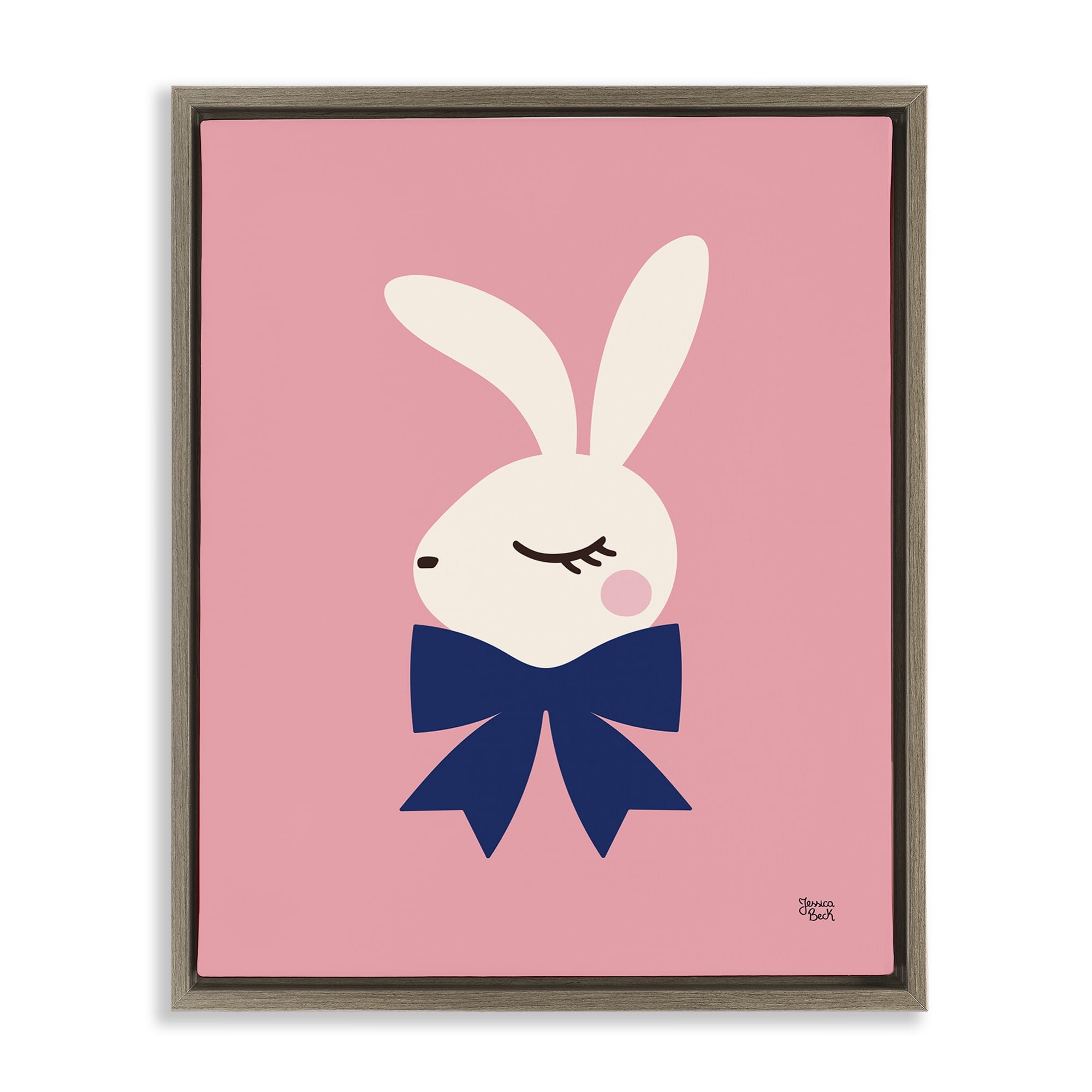 Stupell Industries Rabbit with Ribbon on Pink Animals Painting Brown Floater Framed Canvas Art Print Wall Art, 25 x 31