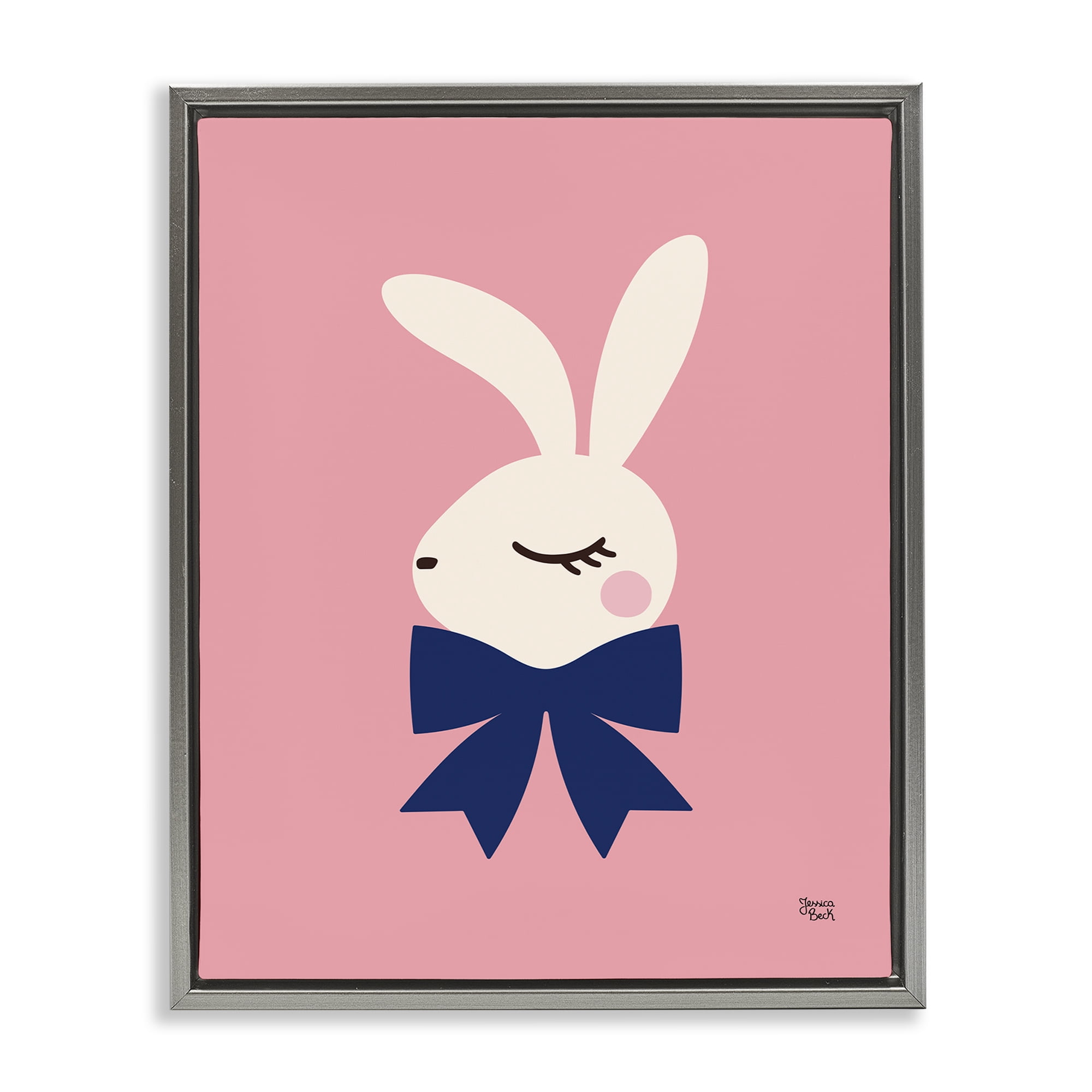 Stupell Industries Rabbit with Ribbon on Pink Animals Painting Gray Floater Framed Canvas Art Print Wall Art, 25 x 31