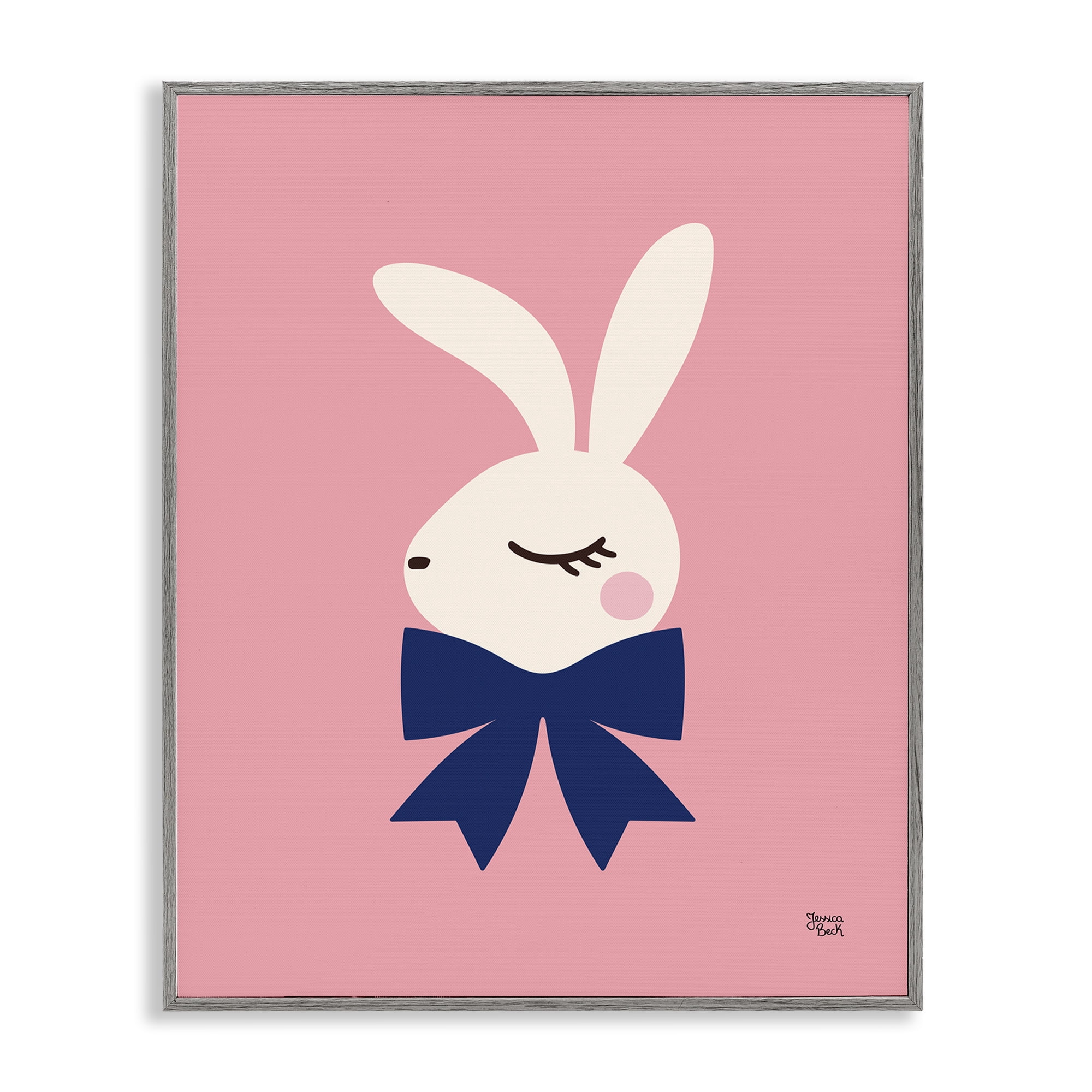 Stupell Industries Rabbit with Ribbon on Pink Animals Painting Gray Framed Art Print Wall Art, 16 x 20