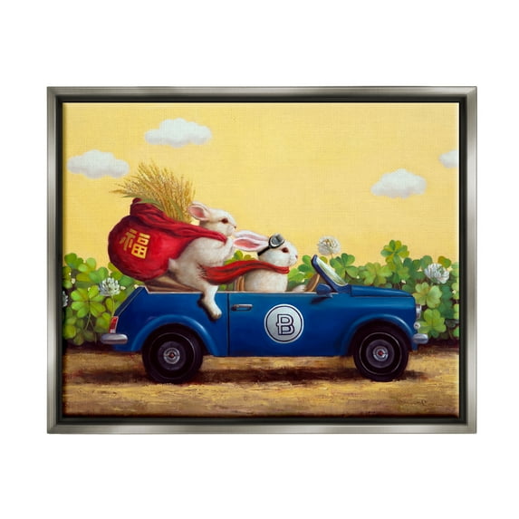 Stupell Industries Rabbits Driving in Garden Animals & Insects Painting Gray Floater Framed Art Print Wall Art, 21 x 17