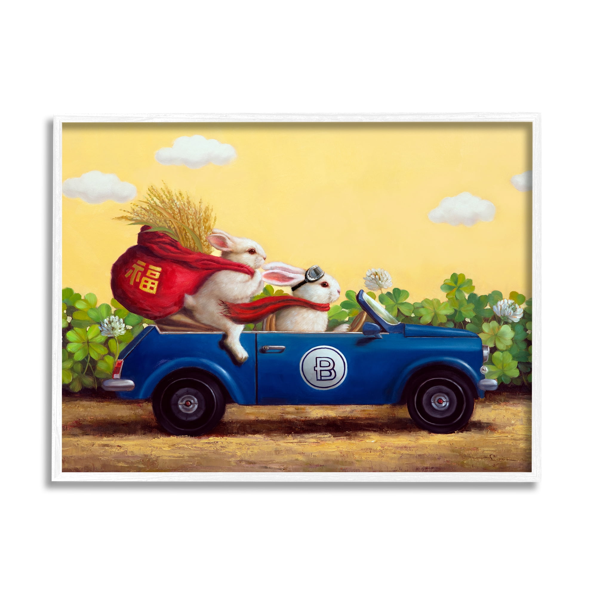 Stupell Industries Rabbits Driving in Garden Animals & Insects Painting White Framed Art Print Wall Art, 14 x 11