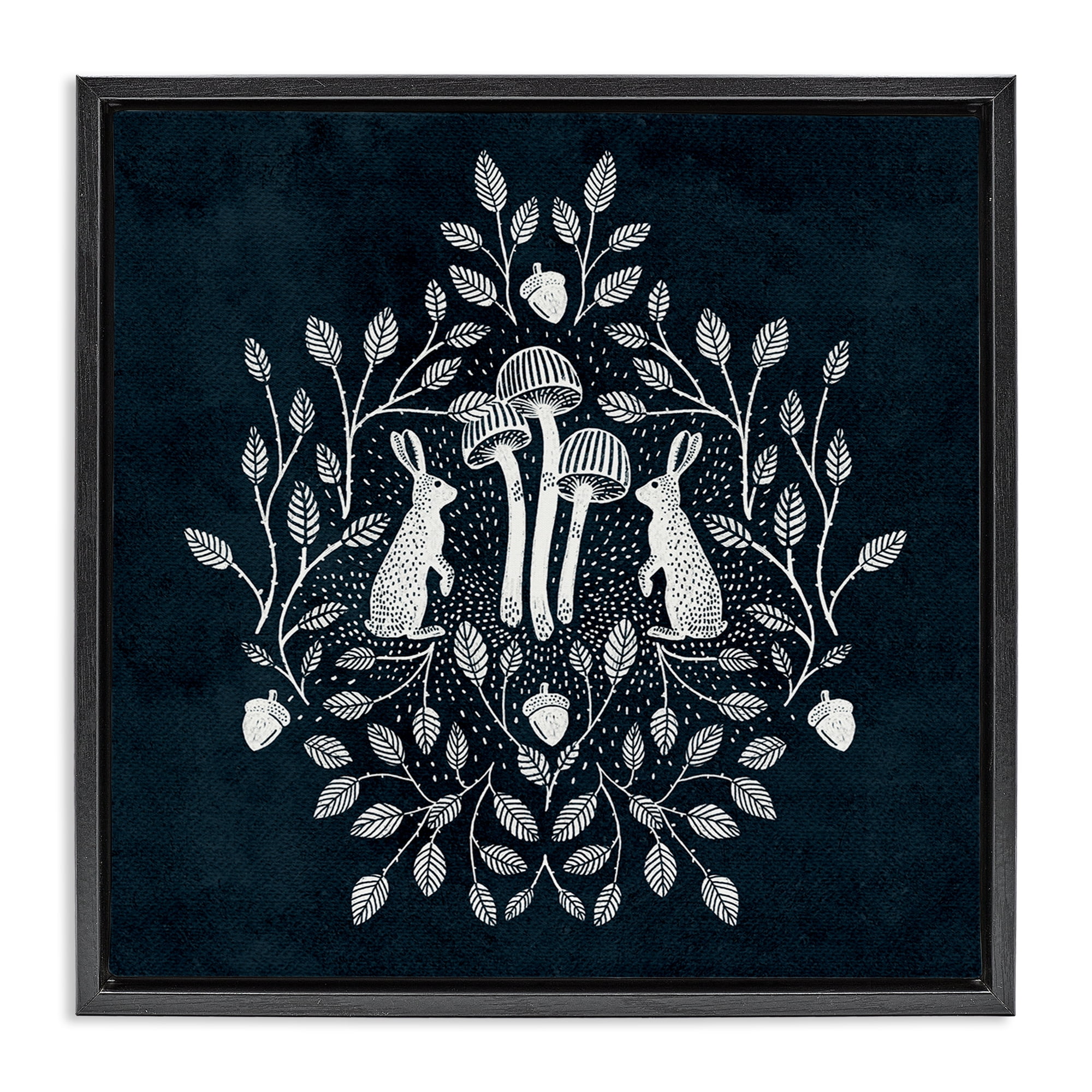 Stupell Industries Rabbits & Leaves on Blue Plants & Flowers Painting Black Floater Framed Canvas Art Print Wall Art, 18 x 18