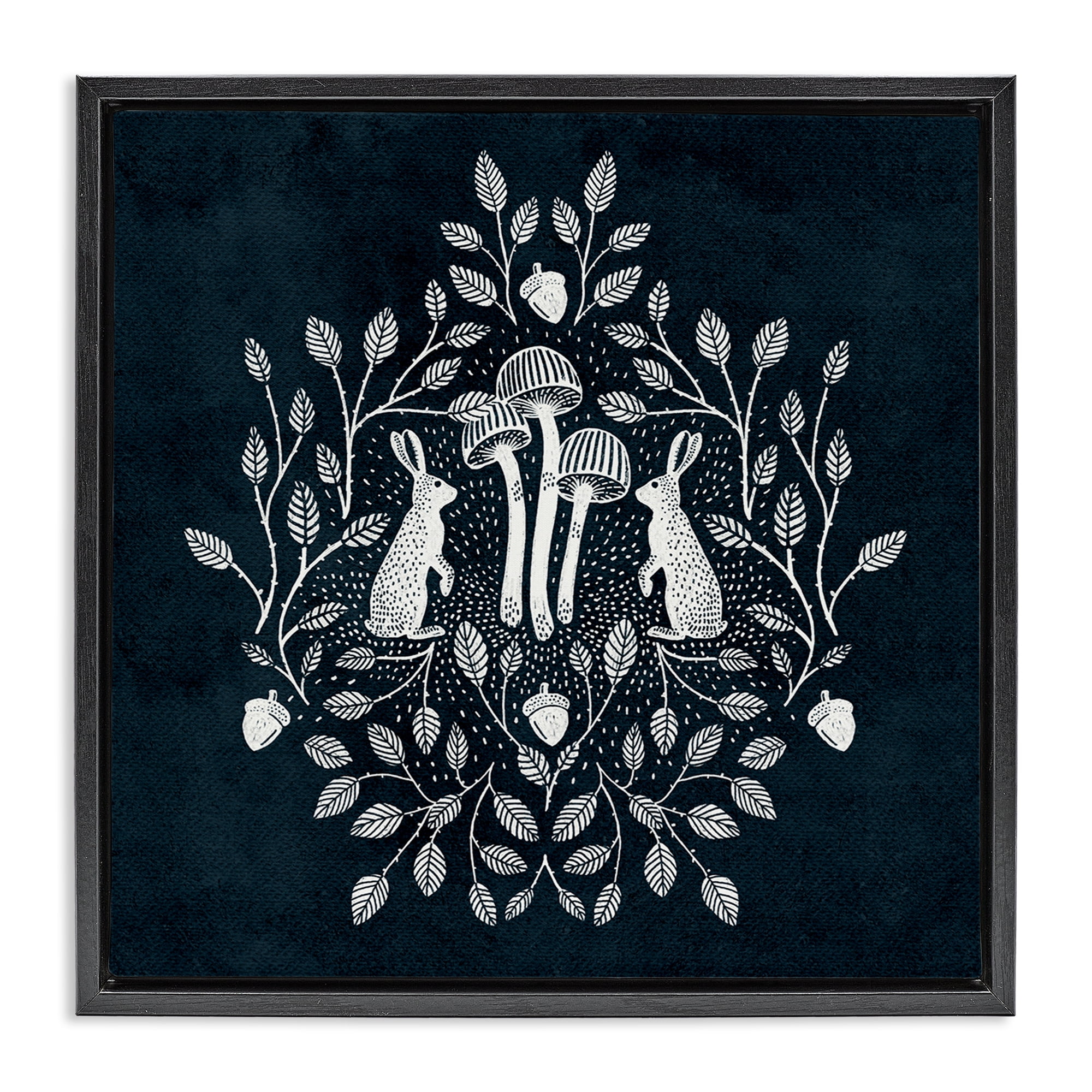 Stupell Industries Rabbits & Leaves on Blue Plants & Flowers Painting Black Floater Framed Canvas Art Print Wall Art, 25 x 25