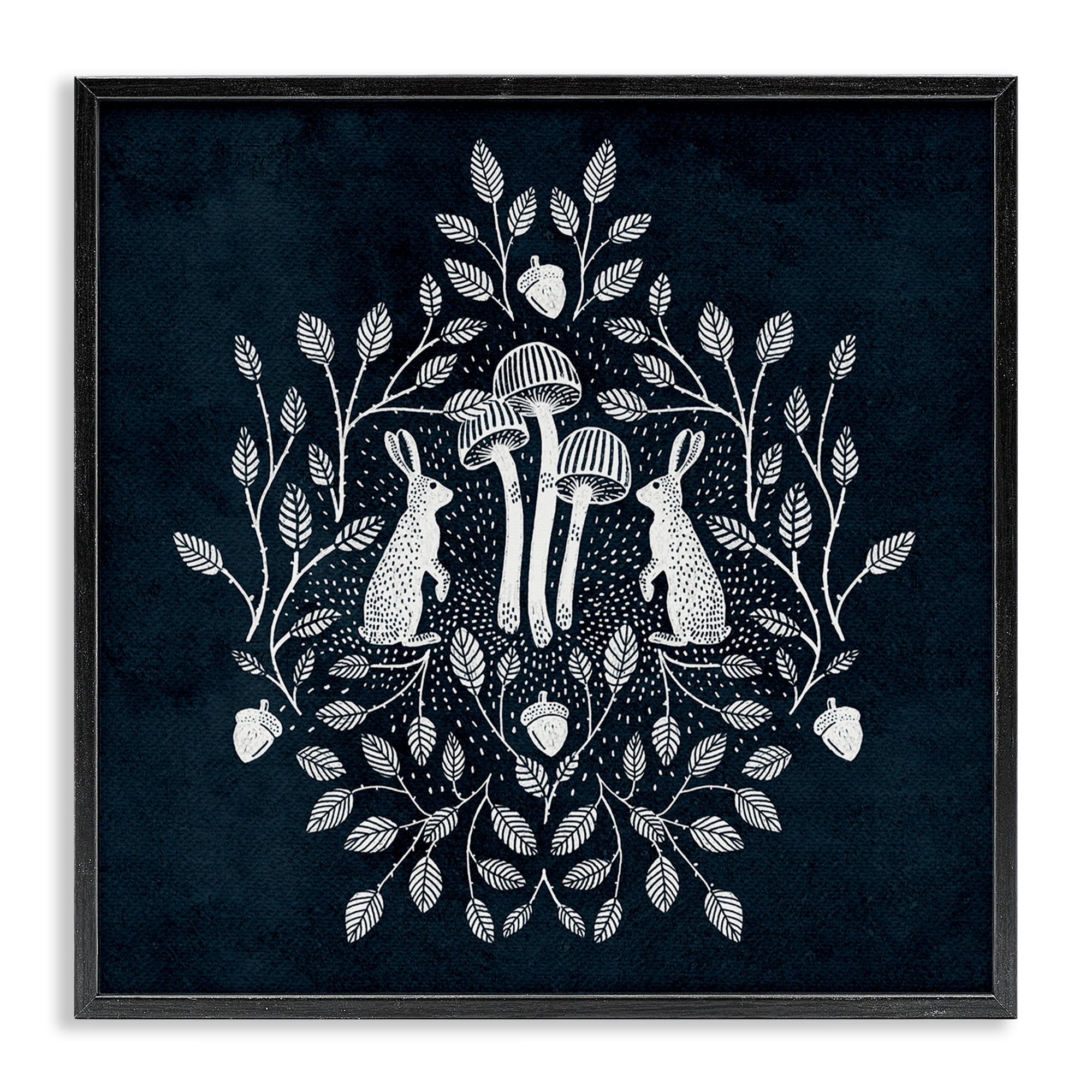 Stupell Industries Rabbits & Leaves on Blue Plants & Flowers Painting Black Framed Art Print Wall Art, 12 x 12