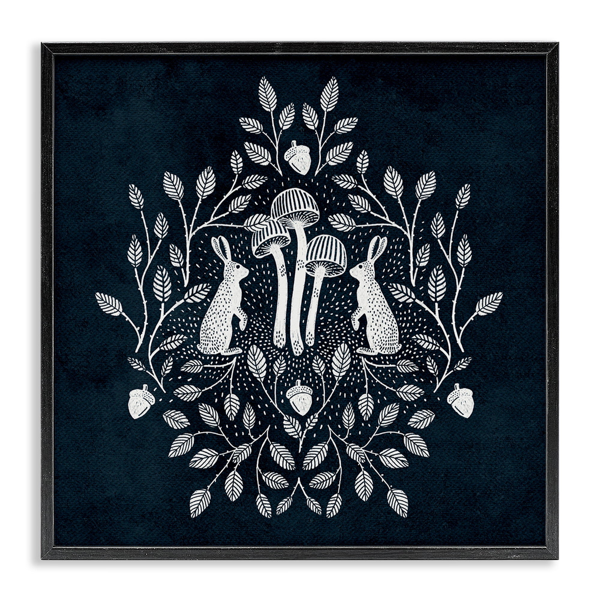 Stupell Industries Rabbits & Leaves on Blue Plants & Flowers Painting Black Framed Art Print Wall Art, 17 x 17