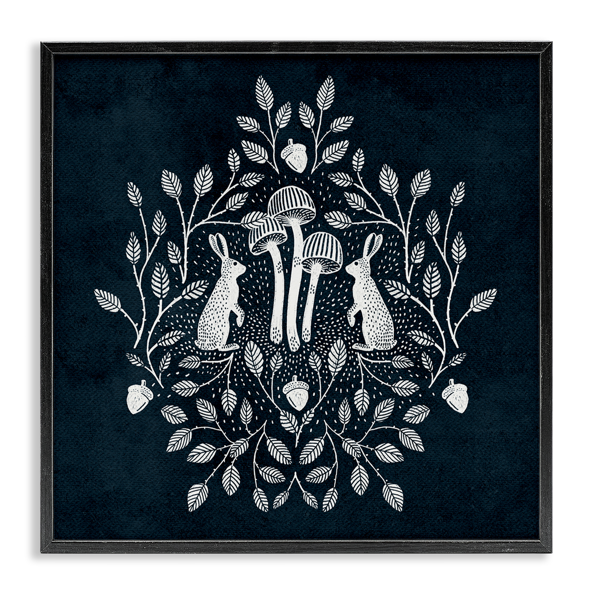 Stupell Industries Rabbits & Leaves on Blue Plants & Flowers Painting Black Framed Art Print Wall Art, 24 x 24