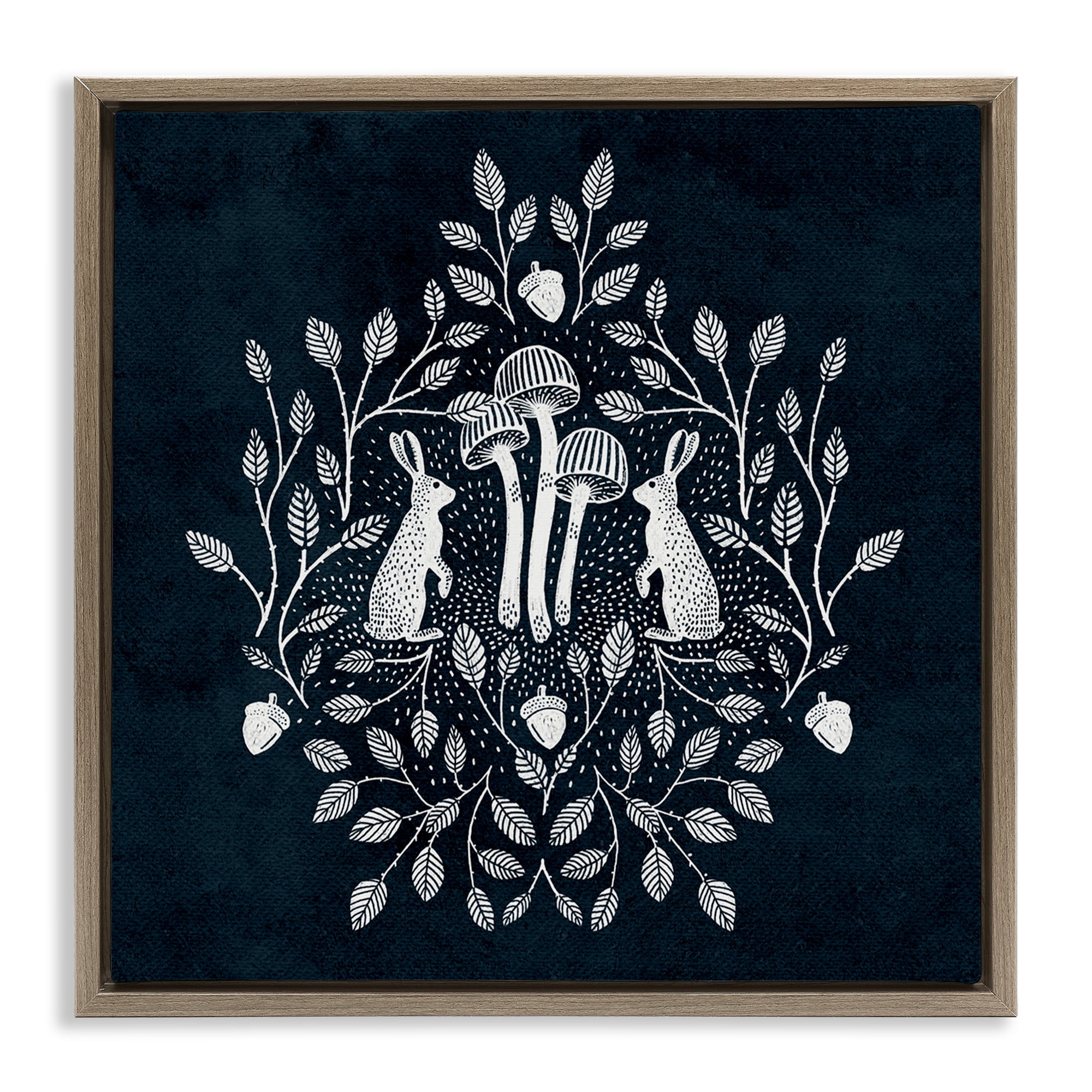 Stupell Industries Rabbits & Leaves on Blue Plants & Flowers Painting Brown Floater Framed Canvas Art Print Wall Art, 25 x 25