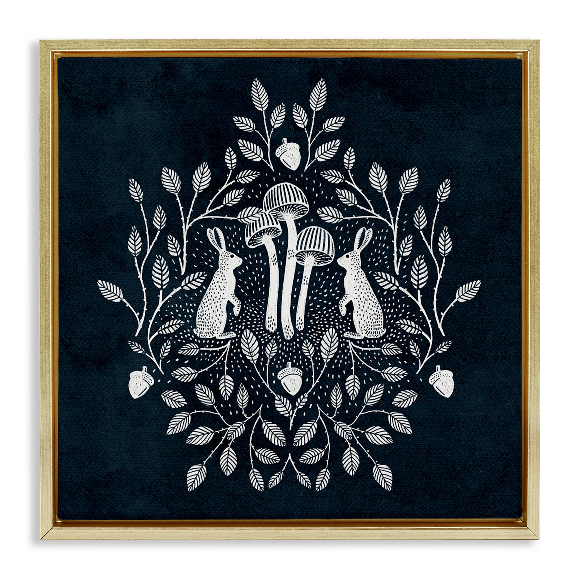 Stupell Industries Rabbits & Leaves on Blue Plants & Flowers Painting Gold Floater Framed Canvas Art Print Wall Art, 18 x 18