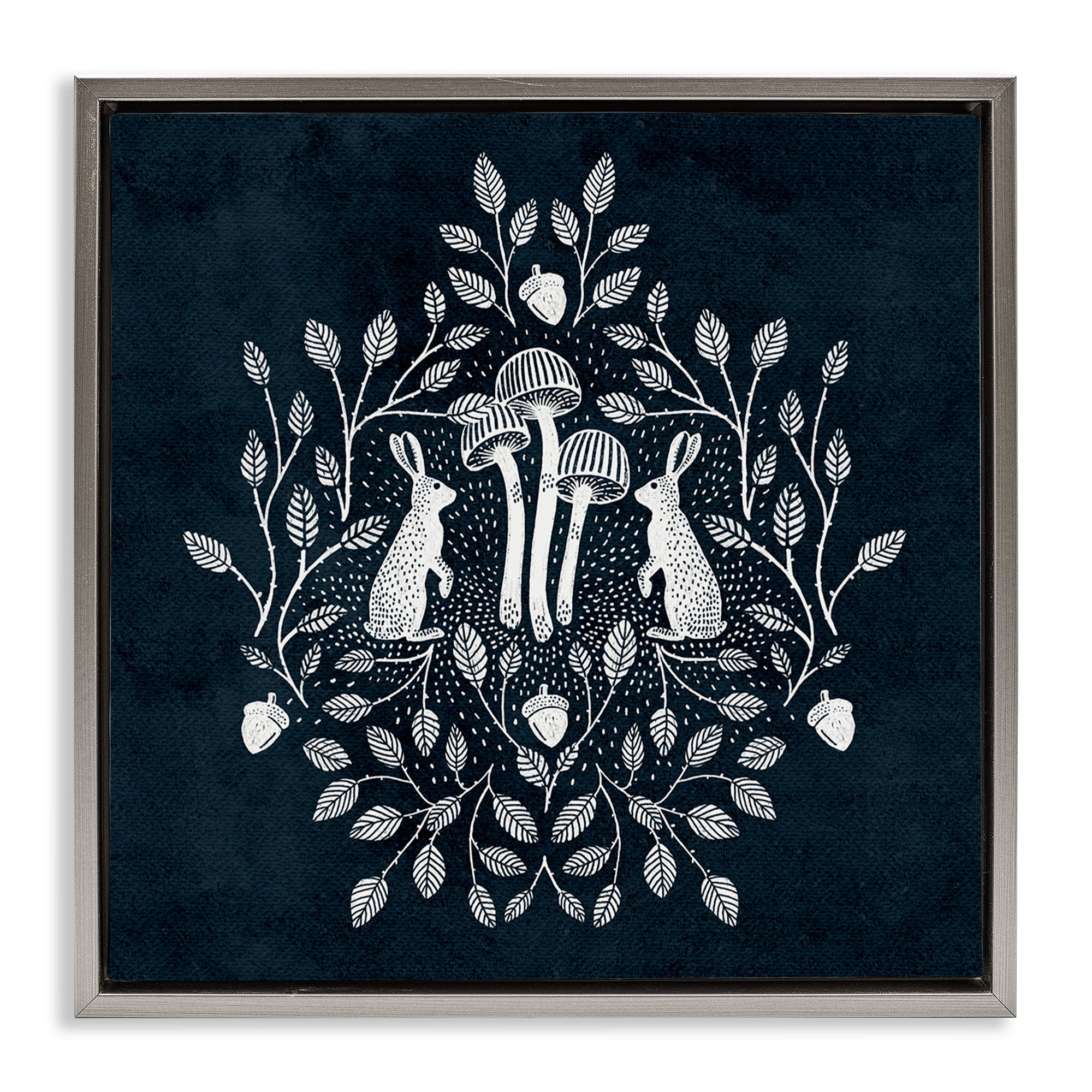 Stupell Industries Rabbits & Leaves on Blue Plants & Flowers Painting Gray Floater Framed Canvas Art Print Wall Art, 25 x 25