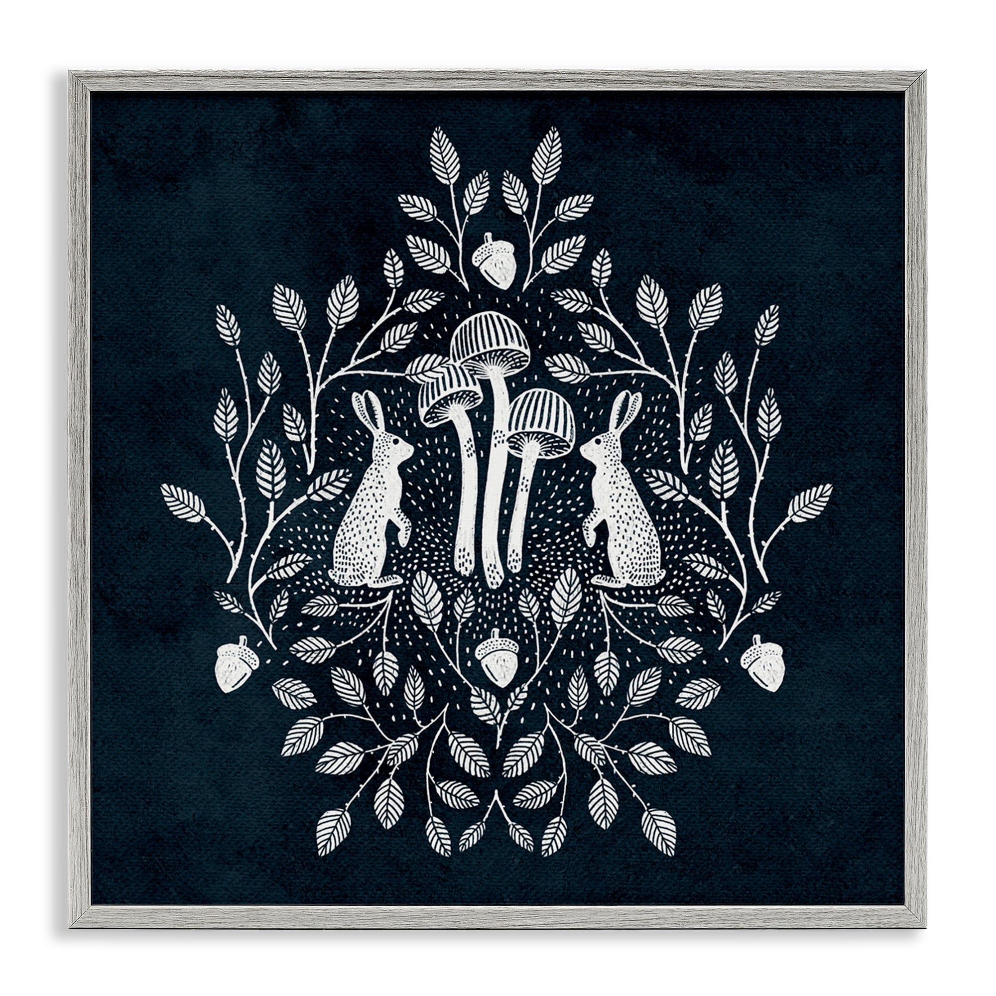 Stupell Industries Rabbits & Leaves on Blue Plants & Flowers Painting Gray Framed Art Print Wall Art, 17 x 17
