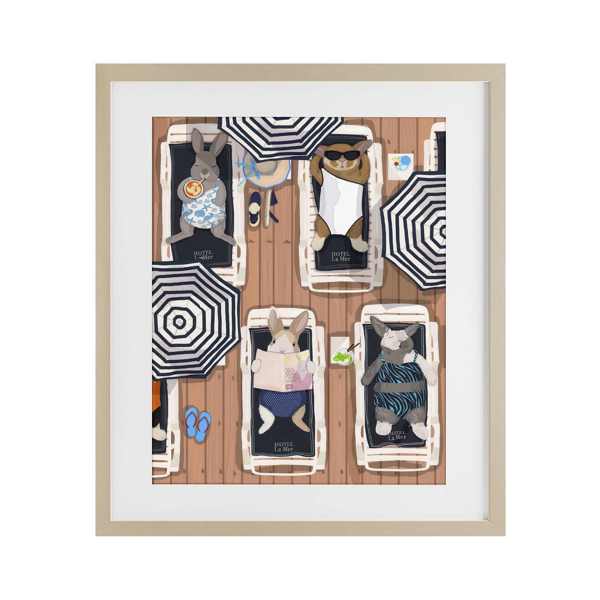Stupell Industries Rabbits at Hotel La Mer Birch Framed Print Under Glass, design by Hanna Melin