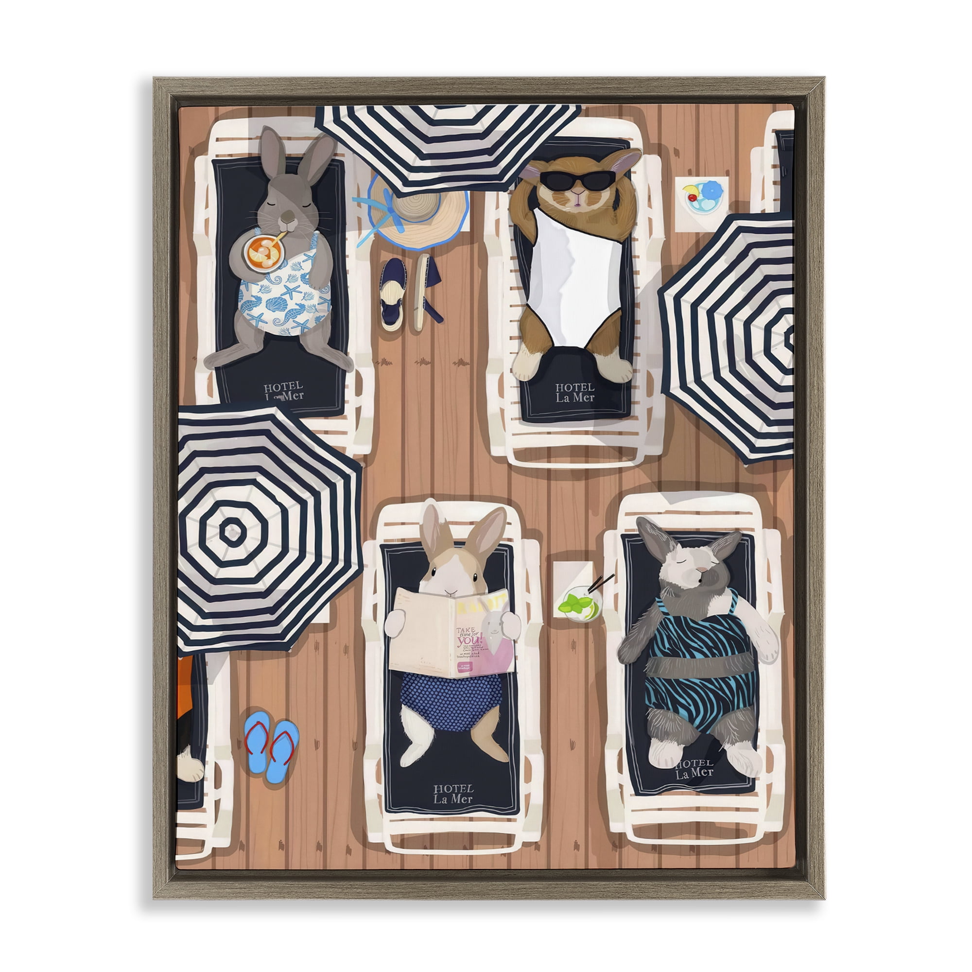 Stupell Industries Rabbits at Hotel La Mer Brown Framed Floater Canvas Wall Art, design by Hanna Melin
