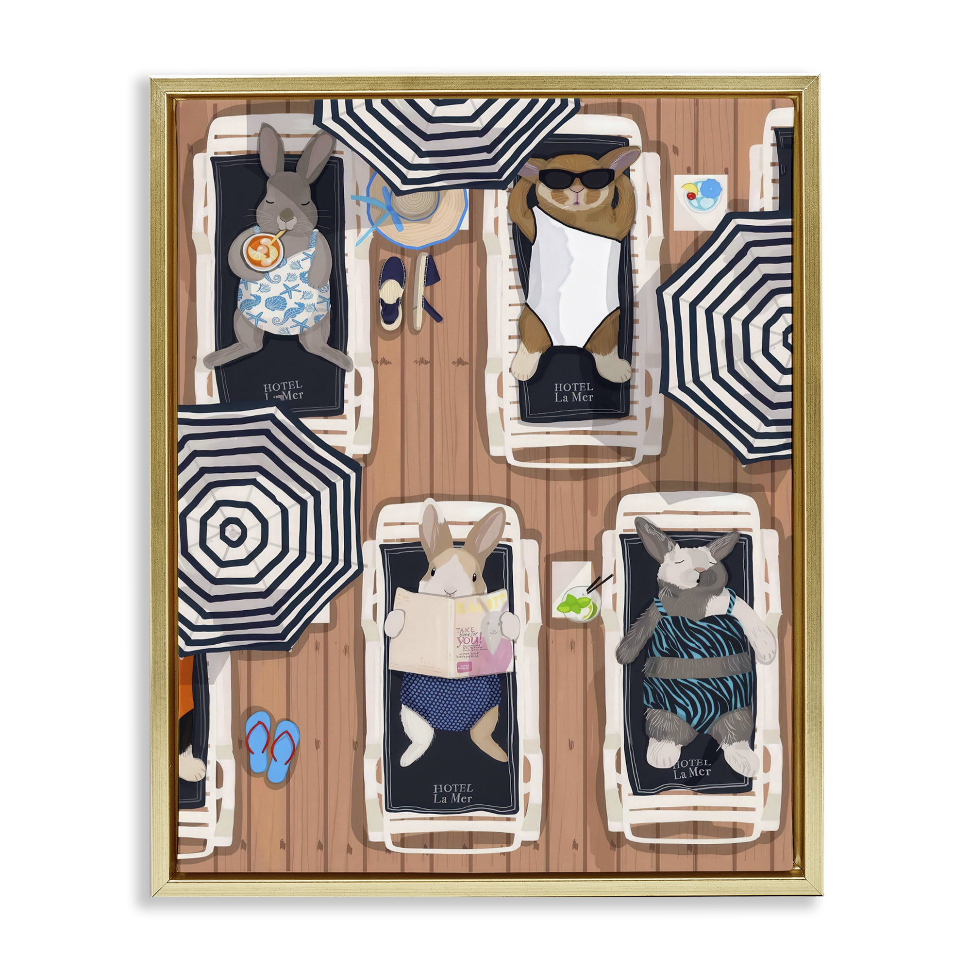 Stupell Industries Rabbits at Hotel La Mer Gold Framed Floater Canvas Wall Art, design by Hanna Melin