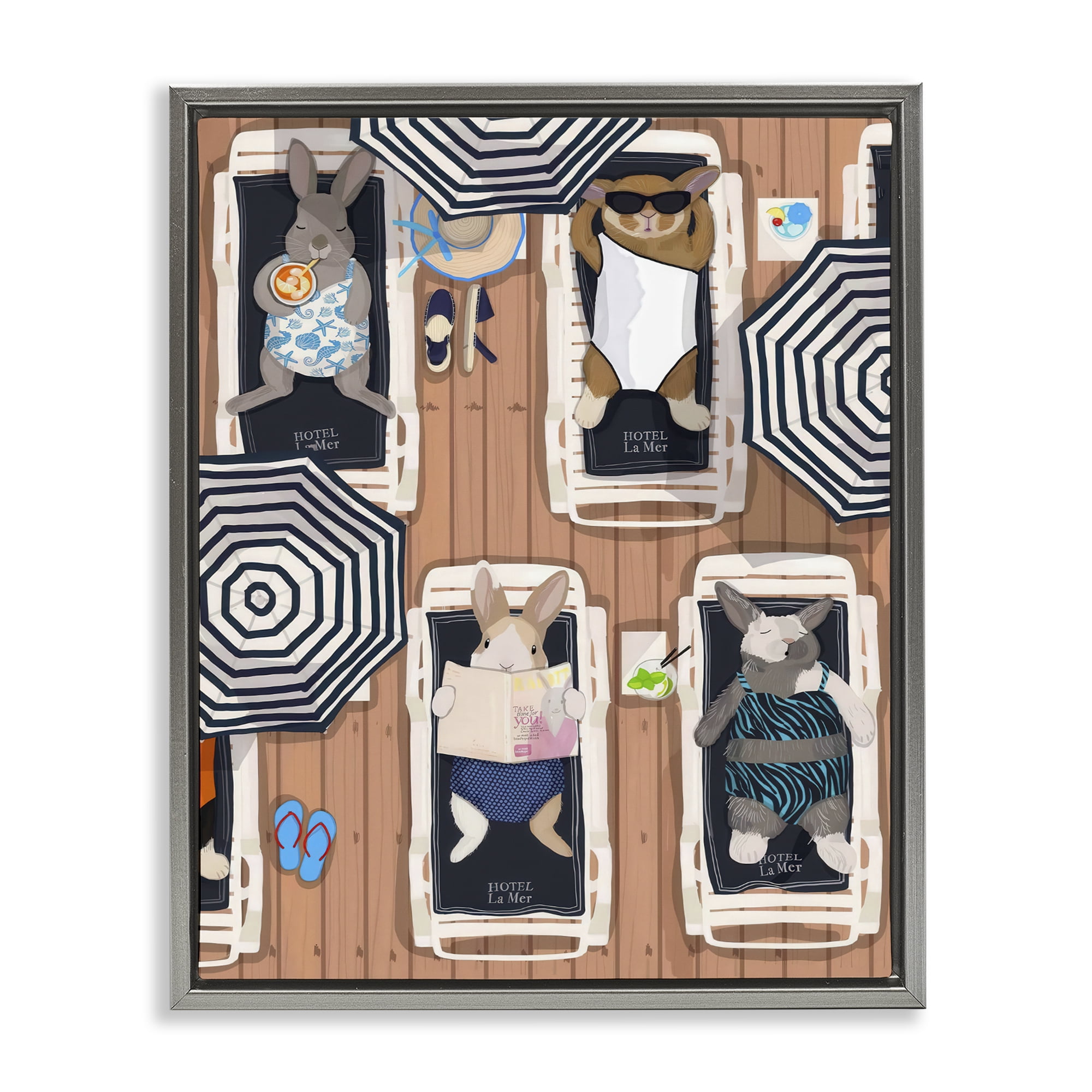 Stupell Industries Rabbits at Hotel La Mer Gray Framed Floater Canvas Wall Art, design by Hanna Melin