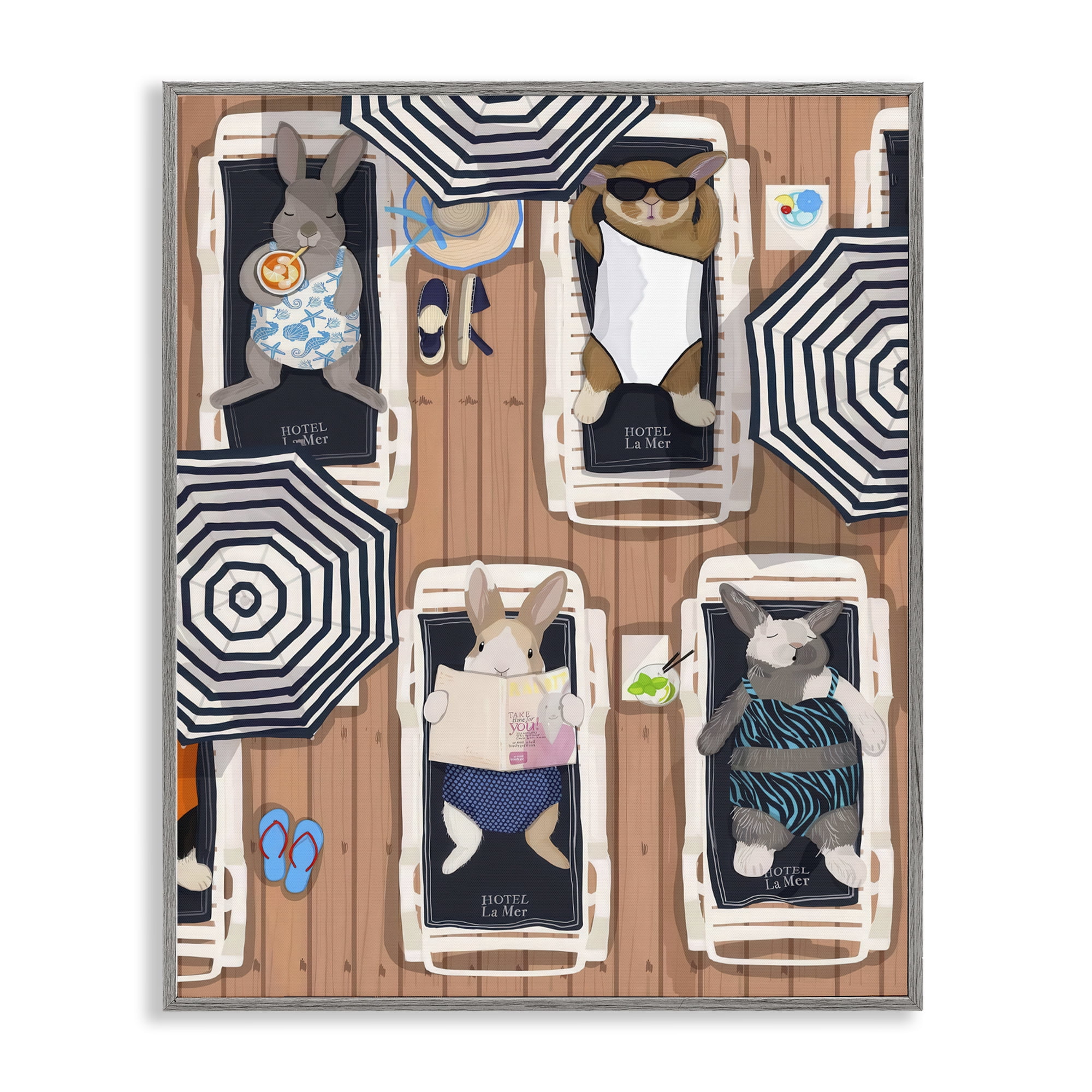 Stupell Industries Rabbits at Hotel La Mer Gray Framed Giclee Art, design by Hanna Melin