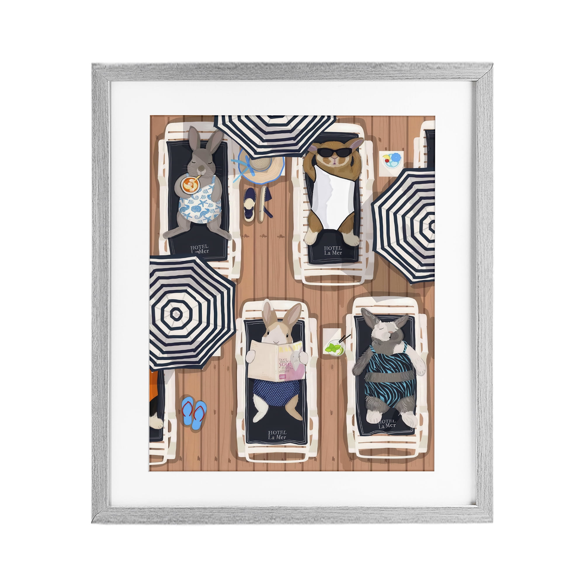 Stupell Industries Rabbits at Hotel La Mer Gray Framed Print Under Glass, design by Hanna Melin
