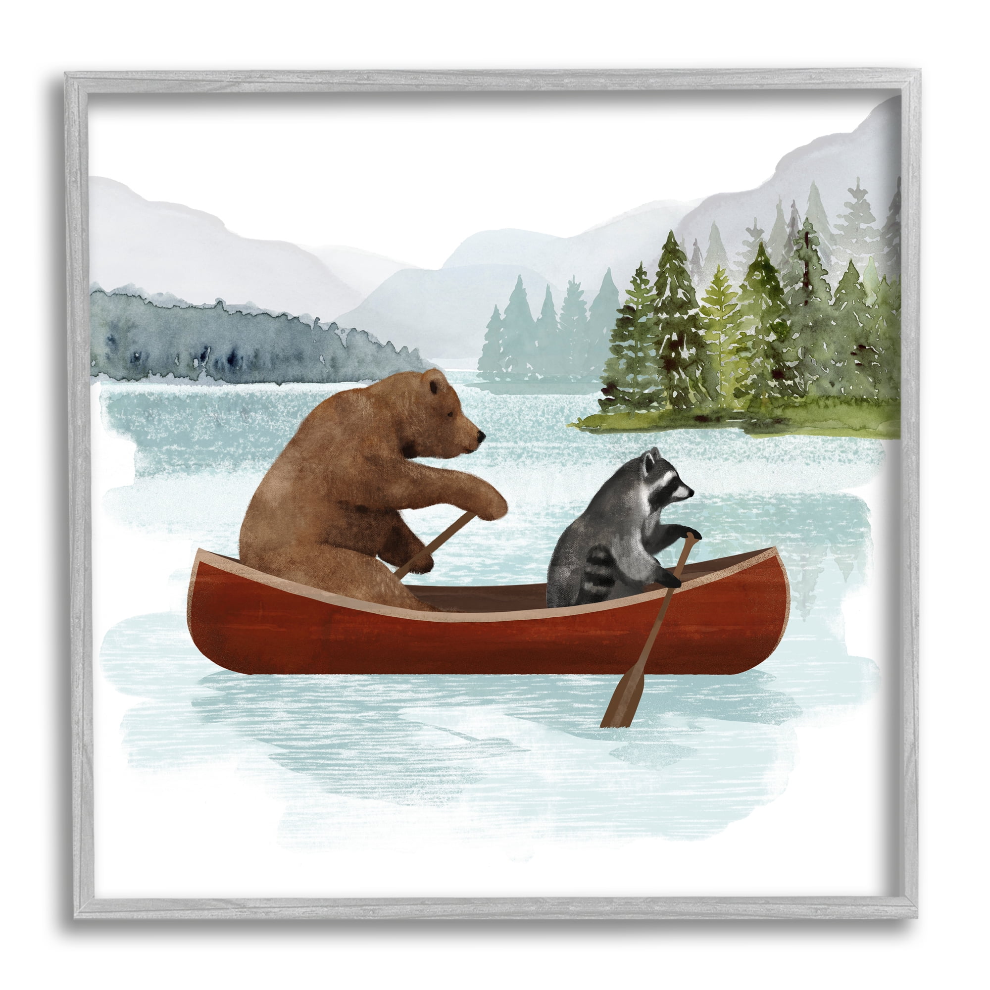 Stupell Industries Raccoon & Bear Canoeing Animals & Insects Painting Gray Framed Art Print Wall Art, 24 x 24