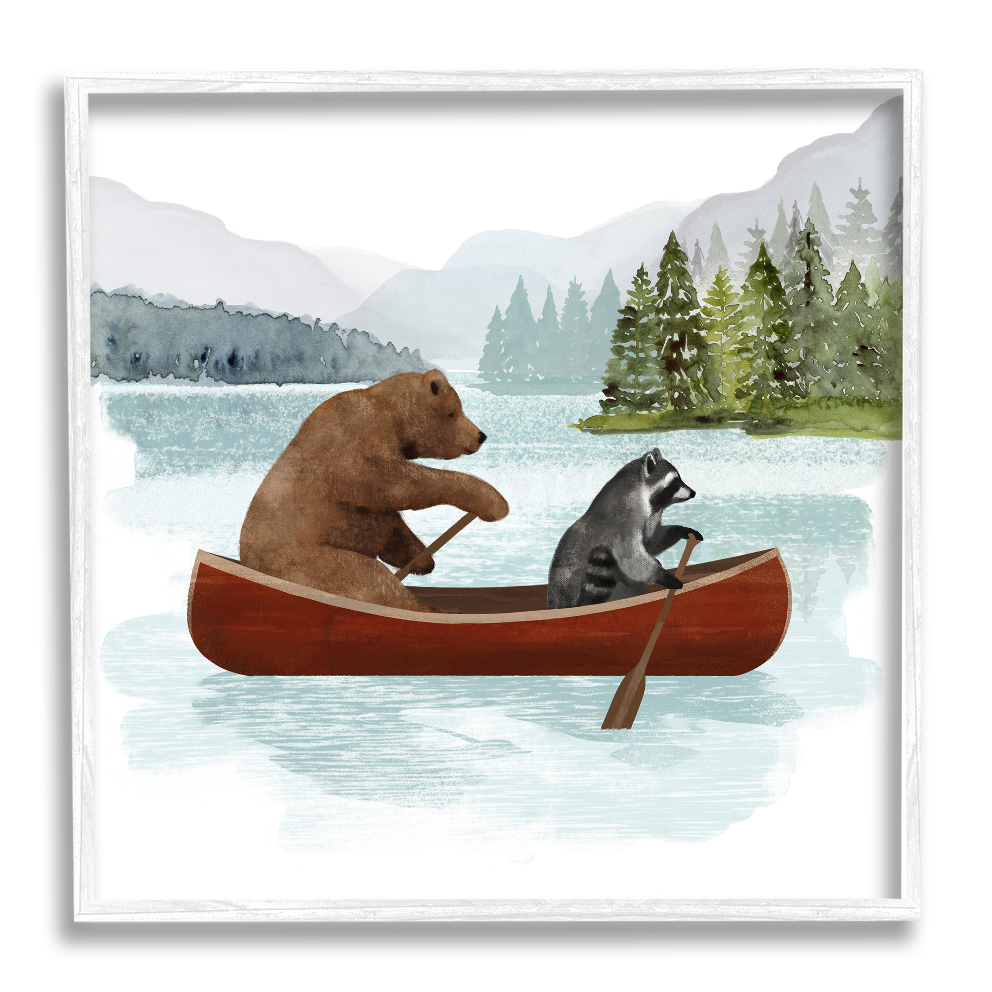 Stupell Industries Raccoon & Bear Canoeing Animals & Insects Painting White Framed Art Print Wall Art, 24 x 24