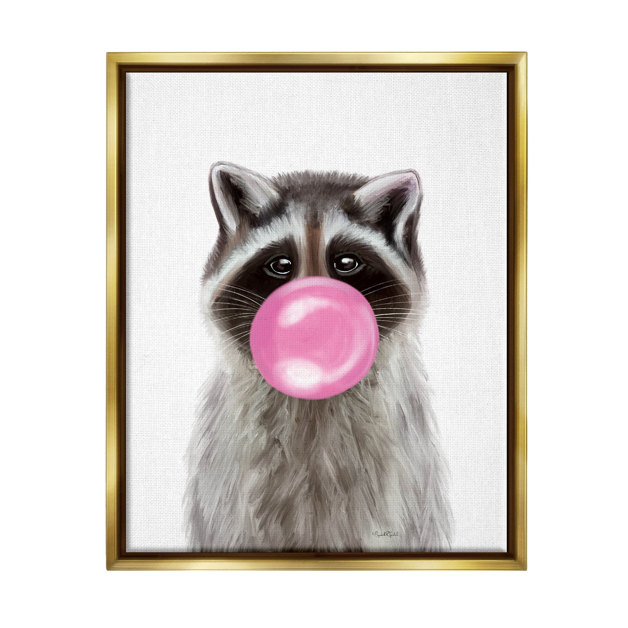 Stupell Industries Raccoon Bubble Gum Wildlife Portrait Graphic Art Metallic Gold Floating Framed Canvas Print Wall Art, Design by Elizabeth Tyndall