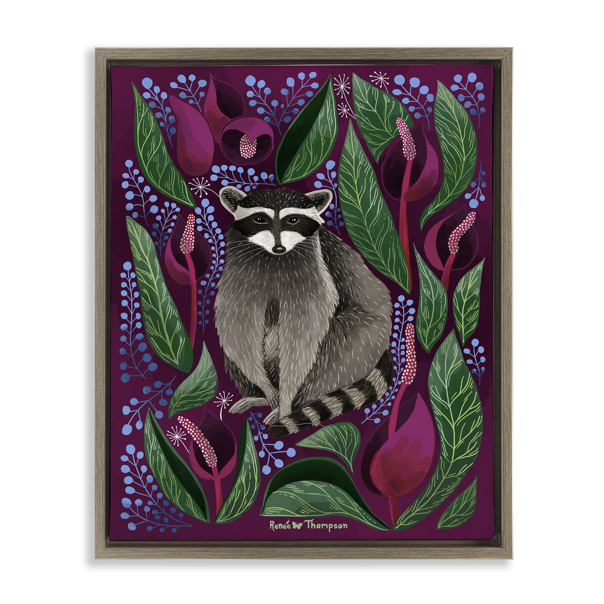 Stupell Industries Raccoon & Cabbage Leaves Animals Painting Brown Floater Framed Canvas Art Print Wall Art, 17 x 21