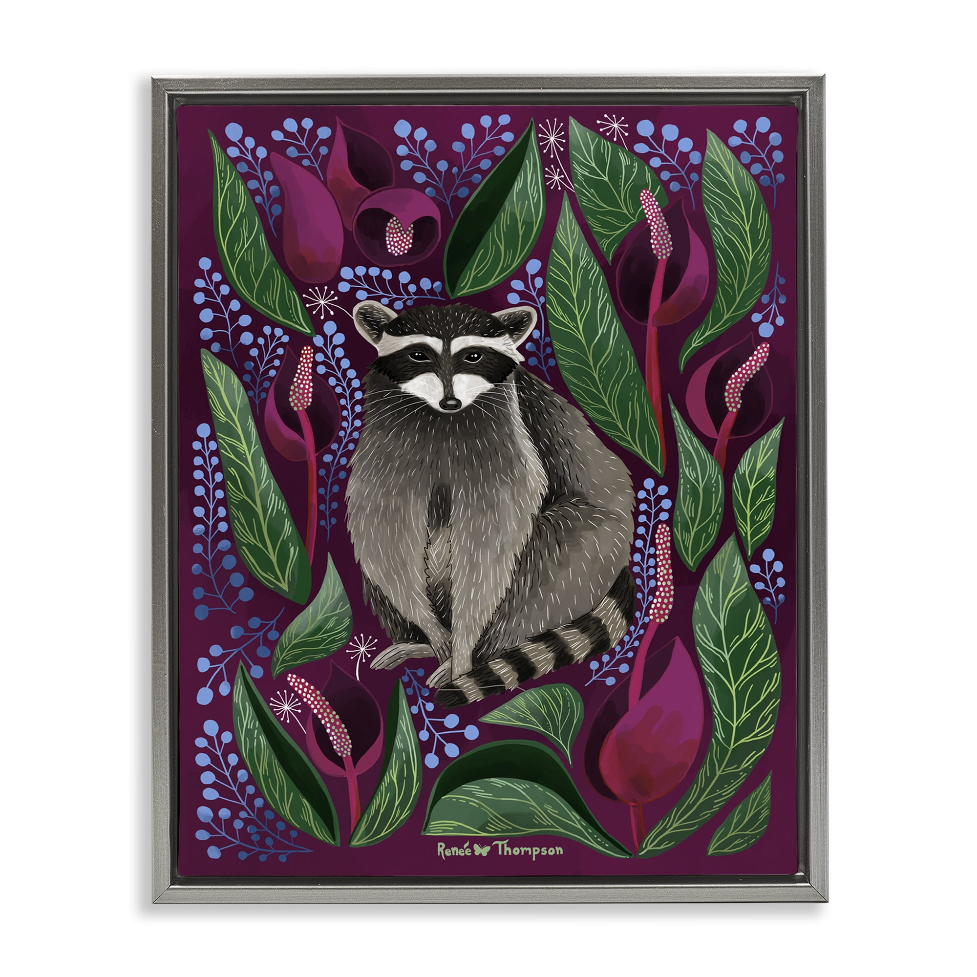 Stupell Industries Raccoon & Cabbage Leaves Animals Painting Gray Floater Framed Canvas Art Print Wall Art, 17 x 21