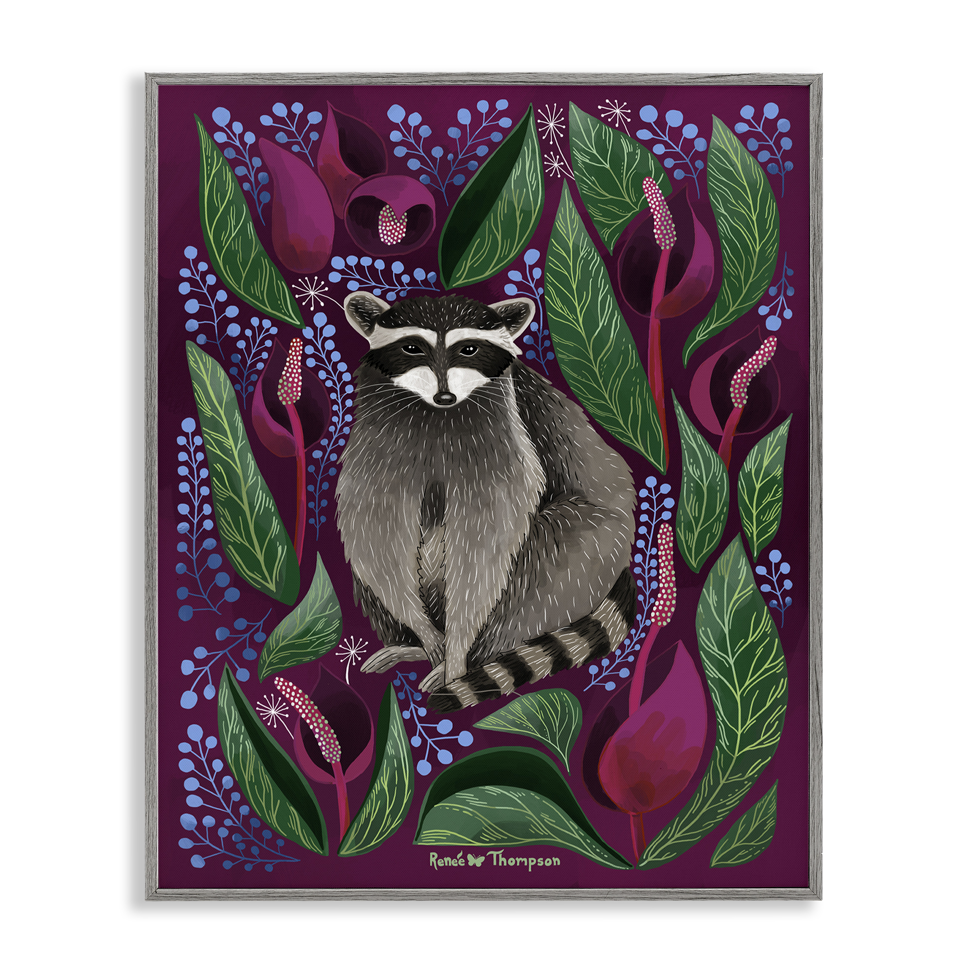 Stupell Industries Raccoon & Cabbage Leaves Animals Painting Gray Framed Art Print Wall Art, 24 x 30