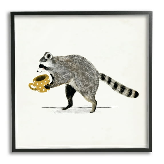 Stupell Industries Raccoon & Coffee Mug Animals & Insects Painting Black Framed Art Print Wall Art, 12 x 12