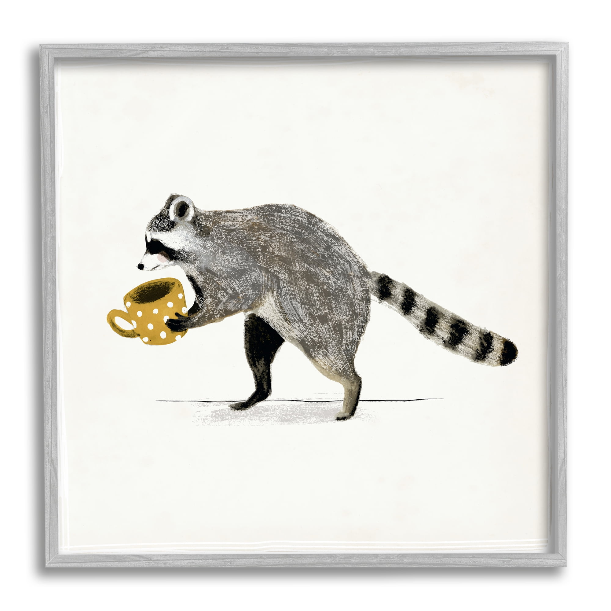 Stupell Industries Raccoon & Coffee Mug Animals & Insects Painting Gray Framed Art Print Wall Art, 17 x 17