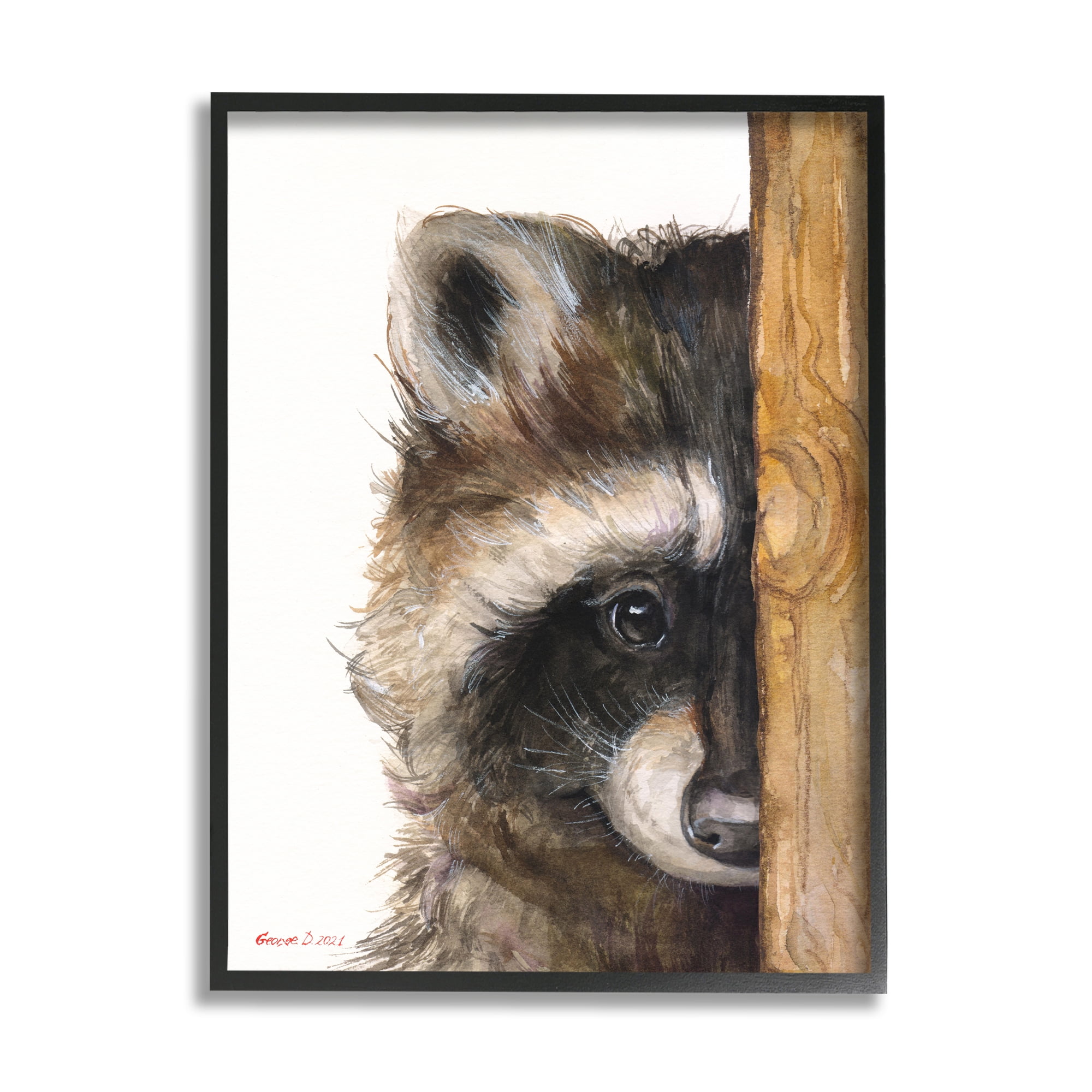 Stupell Industries Raccoon Detailed Fur Looking Animal Portrait Illustration Painting Black Framed Art Print Wall Art, Design by George Dyachenko