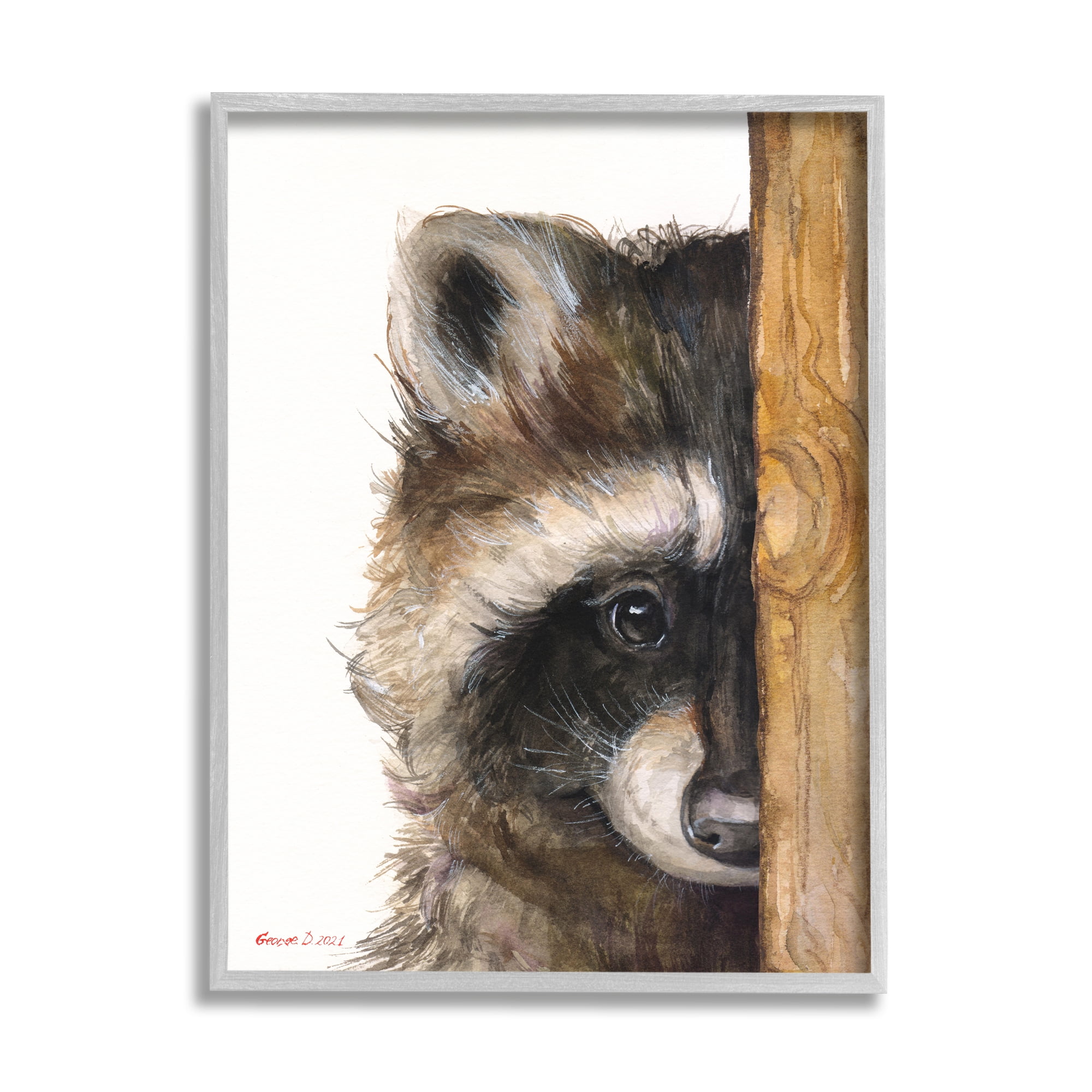 Stupell Industries Raccoon Detailed Fur Looking Animal Portrait Illustration Painting Gray Framed Art Print Wall Art, Design by George Dyachenko