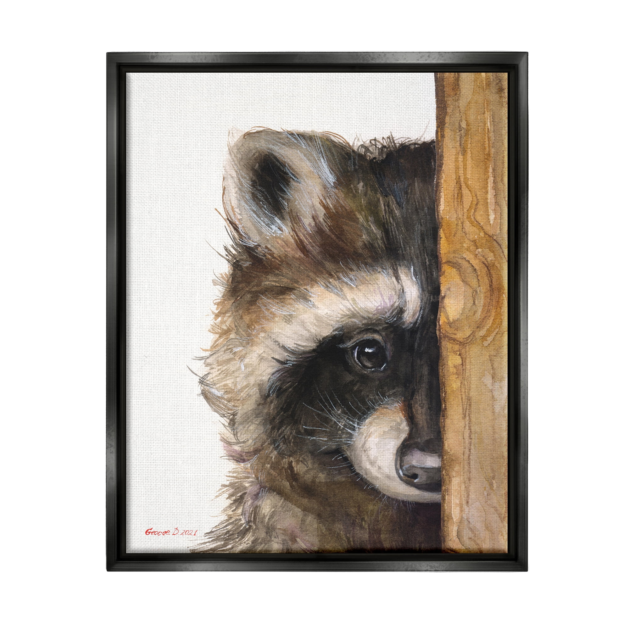 Stupell Industries Raccoon Detailed Fur Looking Animal Portrait Illustration Painting Jet Black Floating Framed Canvas Print Wall Art, Design by George Dyachenko