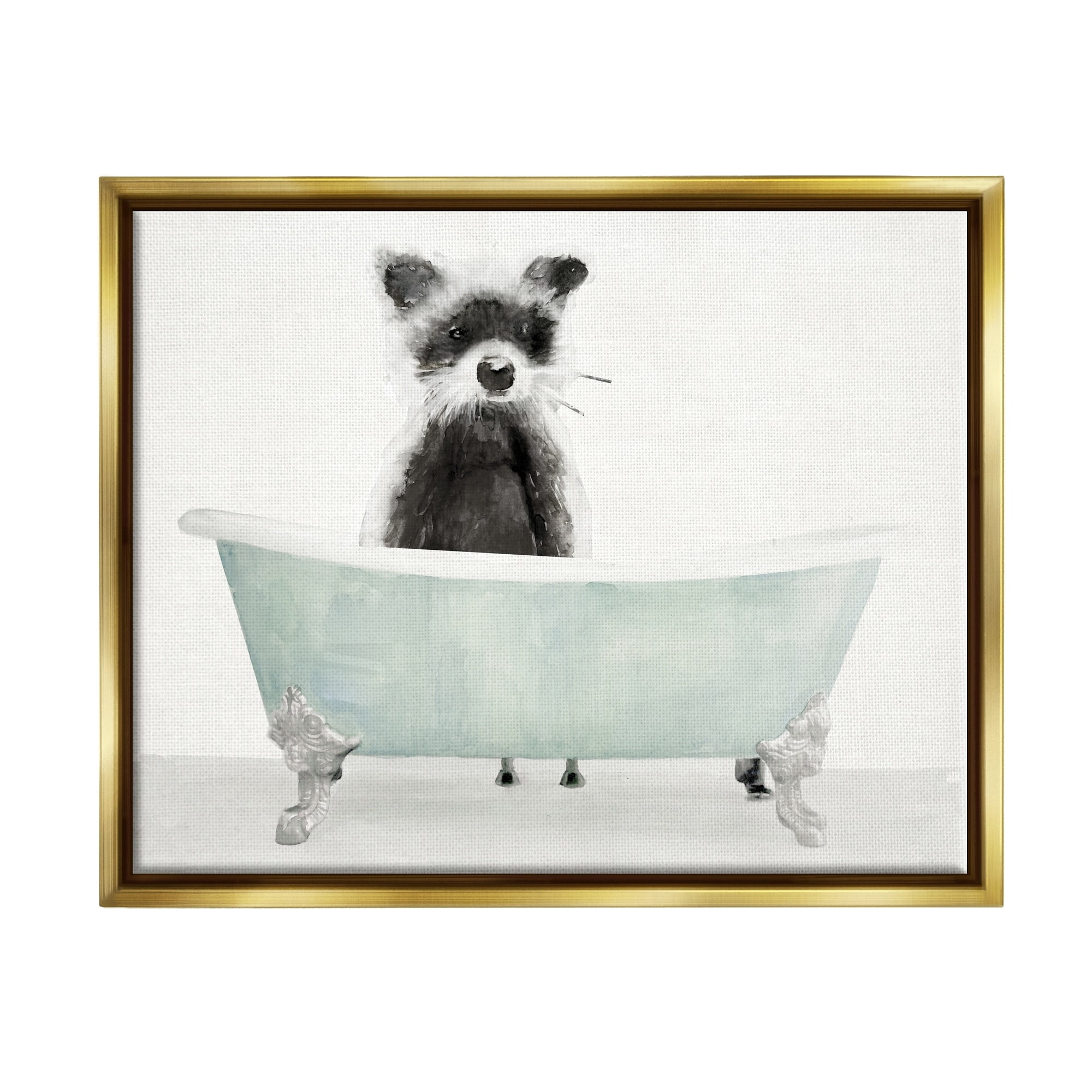 Stupell Industries Raccoon In A Tub Funny Animal Bathroom Drawing Metallic Gold Framed Floating Canvas Wall Art, 16x20, by Stellar Design Studio