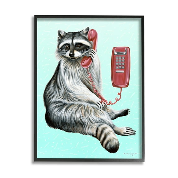 Stupell Industries Raccoon Lounging Cord Phone Vivid Turquoise Background Graphic Art Black Framed Art Print Wall Art, Design by Amelie Legault