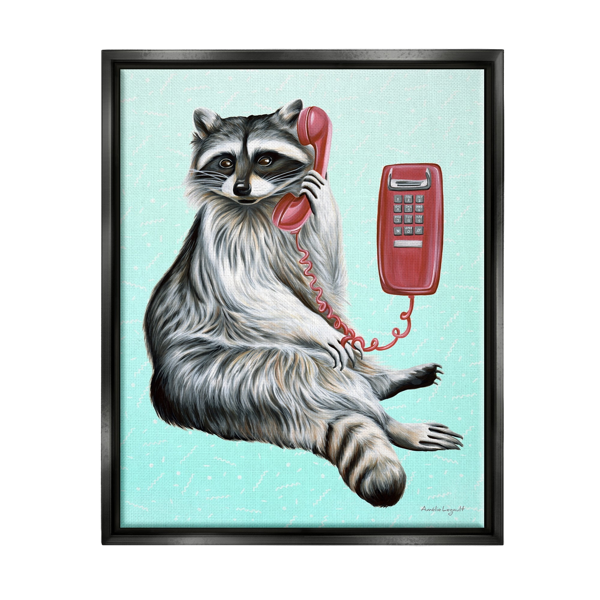 Stupell Industries Raccoon Lounging Cord Phone Vivid Turquoise Background Graphic Art Jet Black Floating Framed Canvas Print Wall Art, Design by Amelie Legault