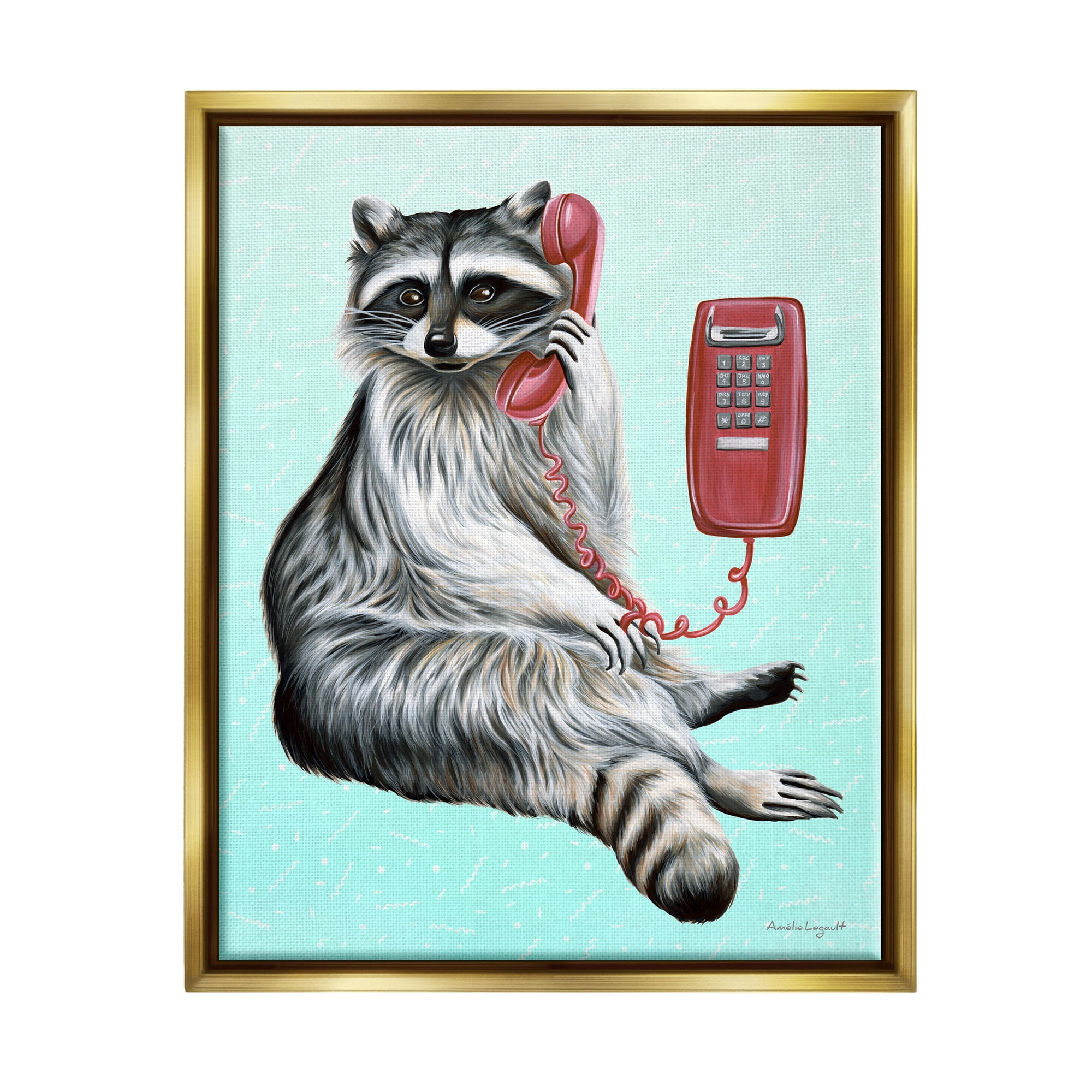 Stupell Industries Raccoon Lounging Cord Phone Vivid Turquoise Background Graphic Art Metallic Gold Floating Framed Canvas Print Wall Art, Design by Amelie Legault