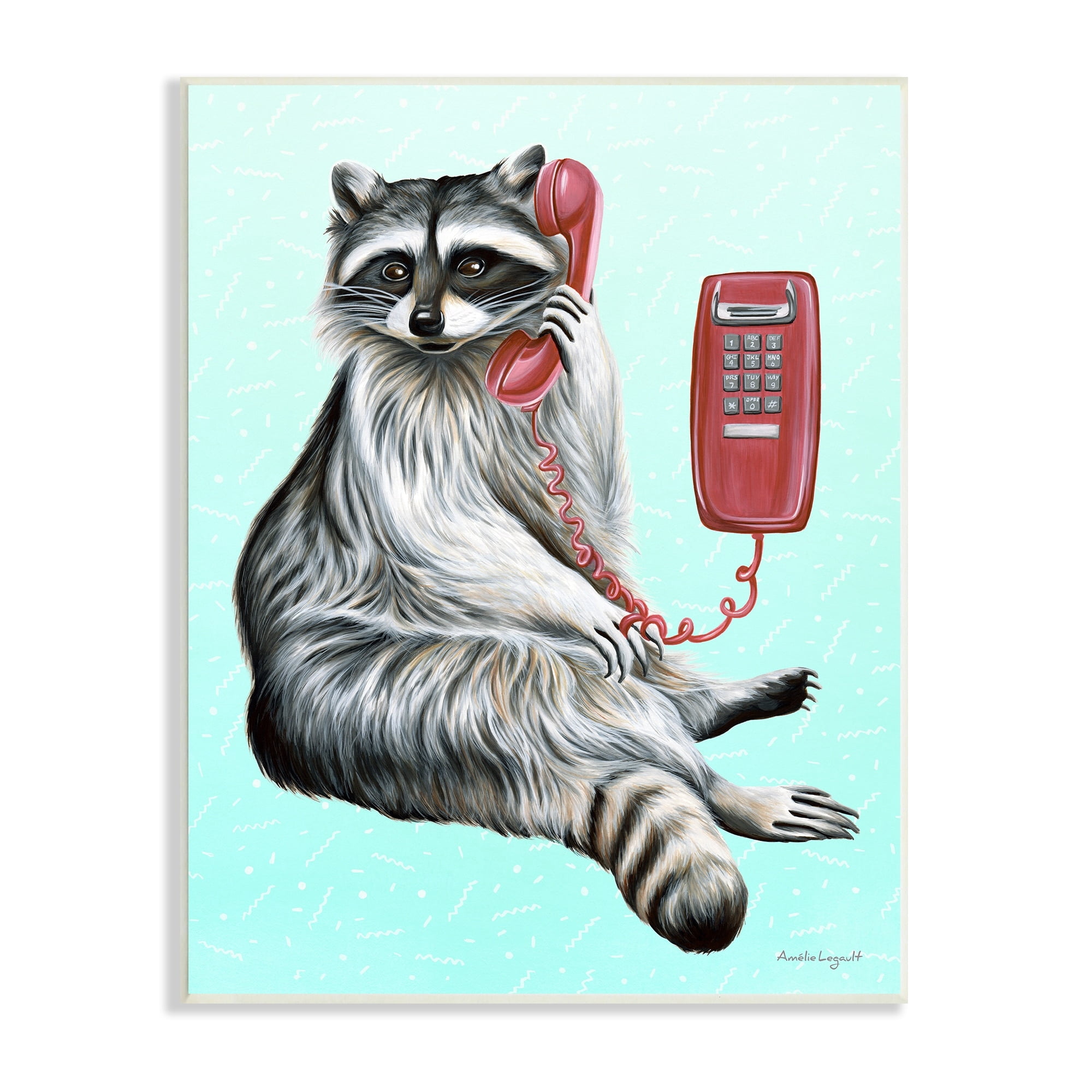 Stupell Industries Raccoon Lounging Cord Phone Vivid Turquoise Background Graphic Art Unframed Art Print Wall Art, Design by Amelie Legault