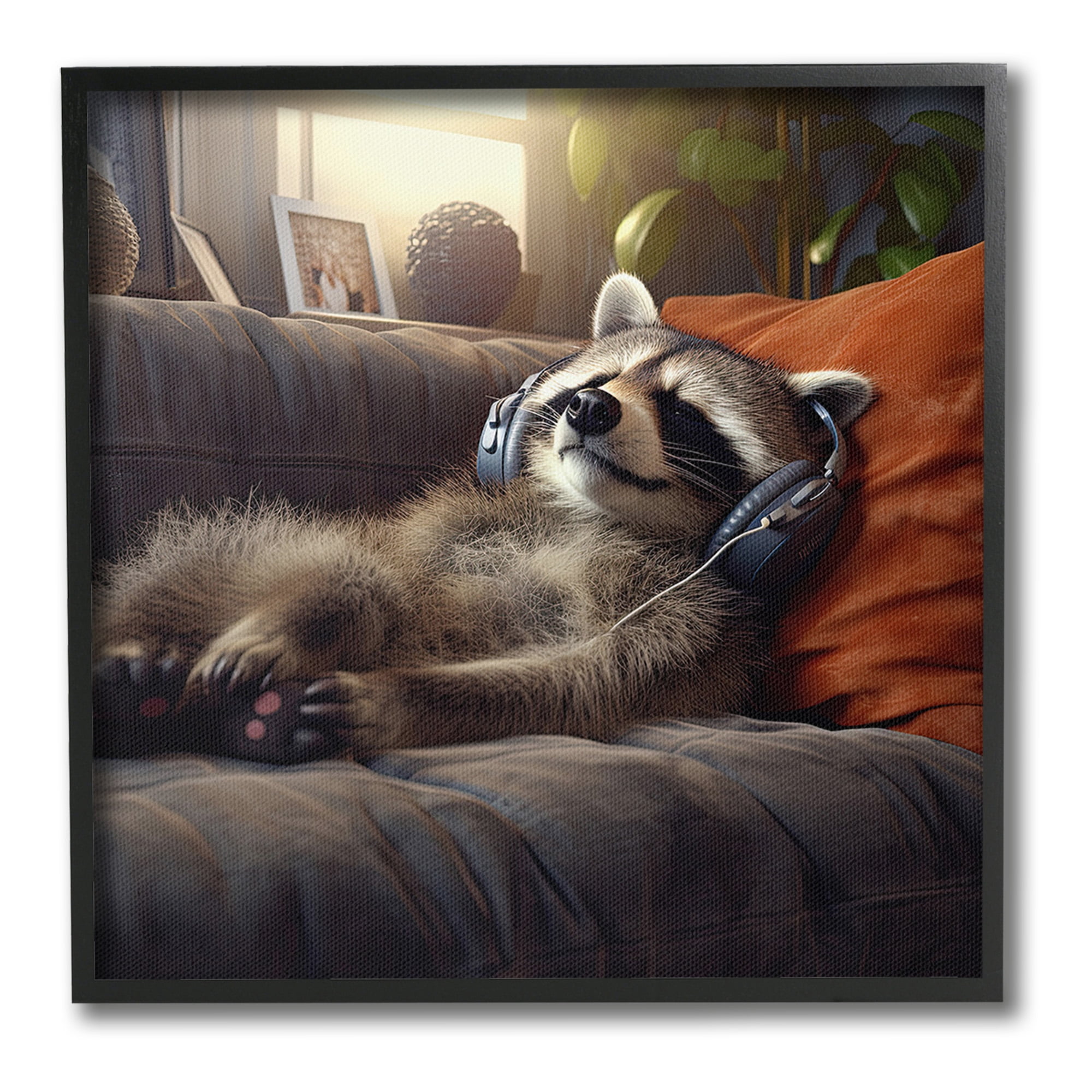 Stupell Industries Raccoon Relaxing Headphones Animals & Insects Painting Black Framed Art Print Wall Art, 17 x 17